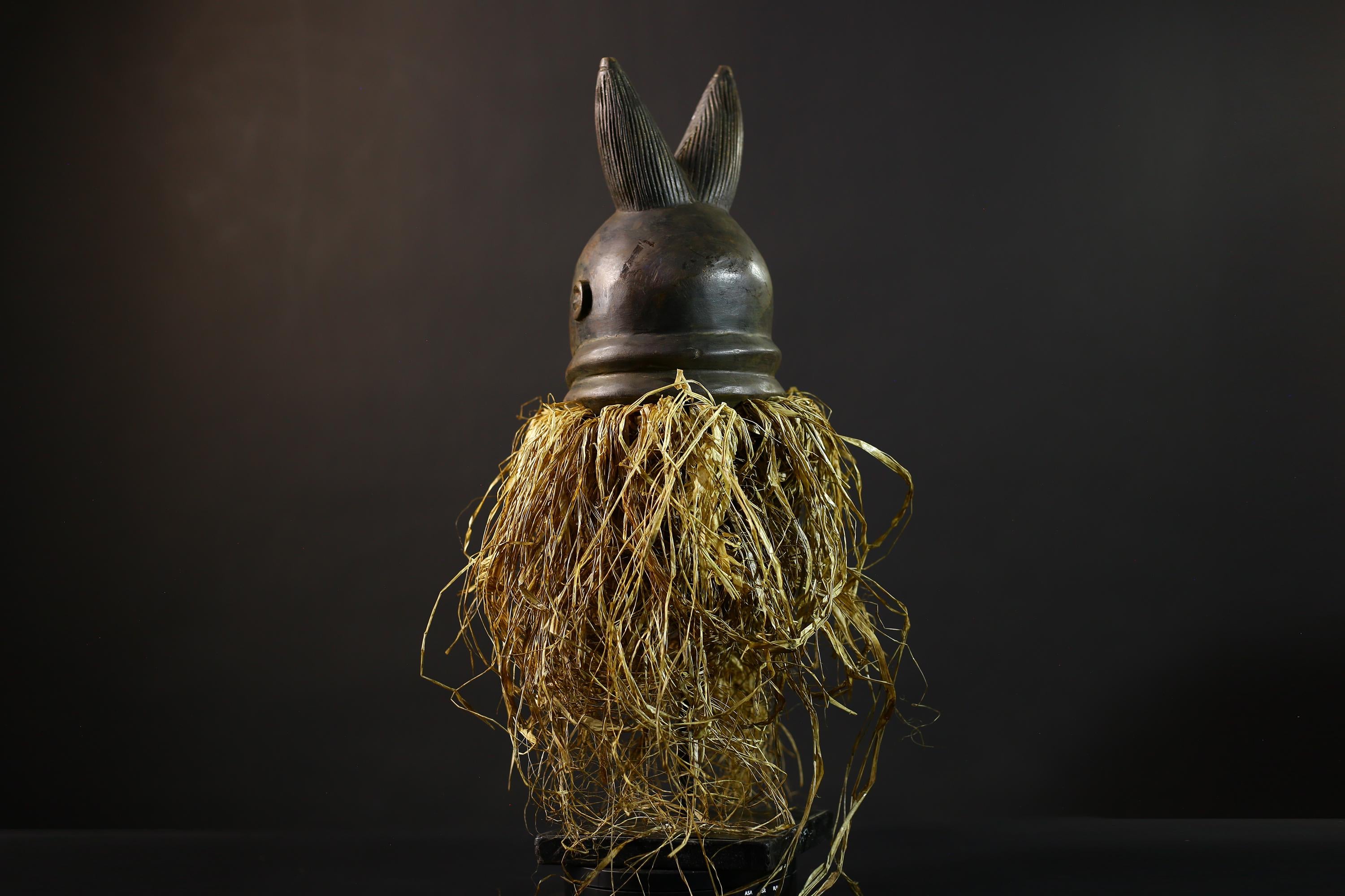 African | Mask | Carved Wooden | Helmet Bondo | Bundu Raffia | Tribal Decor Art | Ethnic Home Accent | Handmade Sculpture-G5171