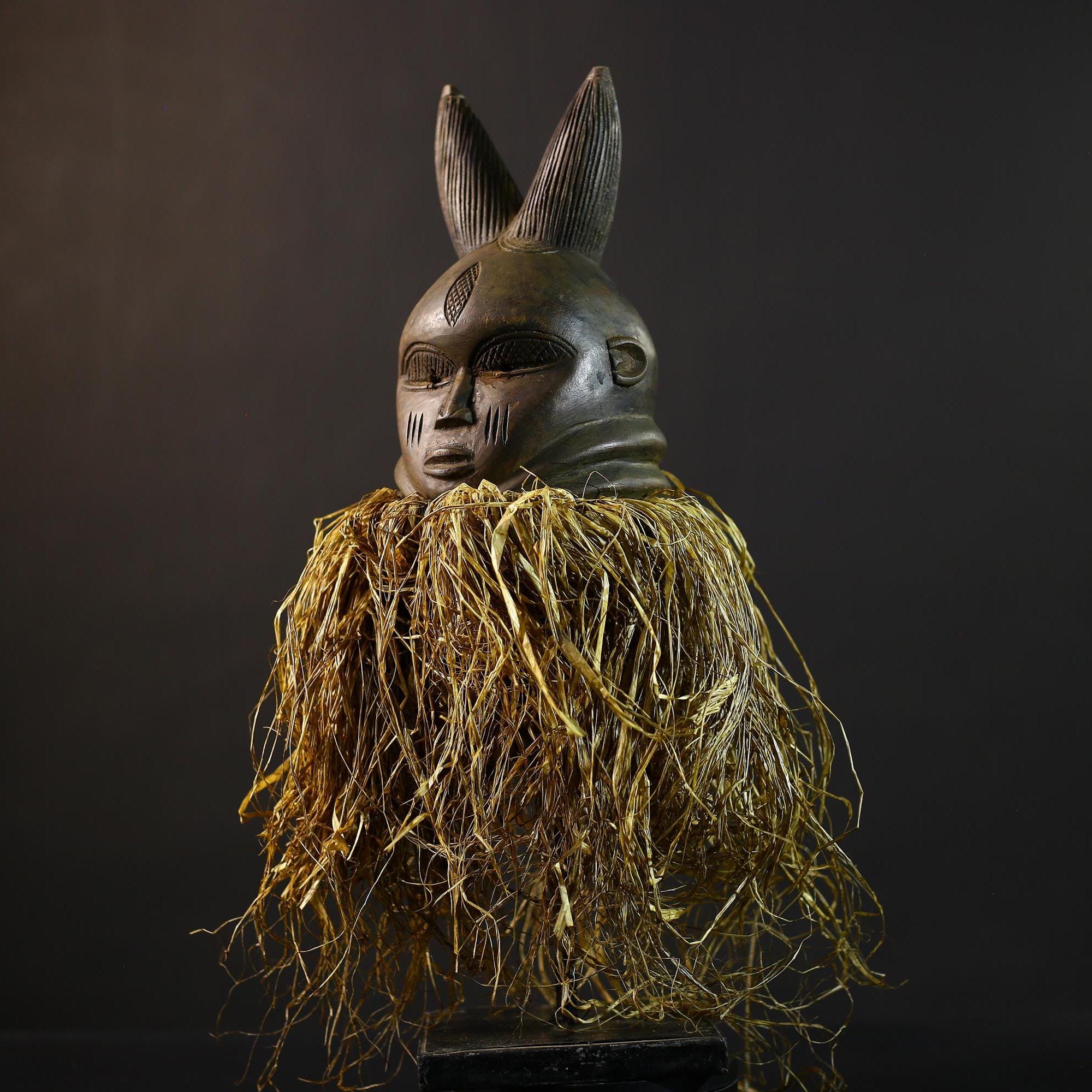 African | Mask | Carved Wooden | Helmet Bondo | Bundu Raffia | Tribal Decor Art | Ethnic Home Accent | Handmade Sculpture-G5171