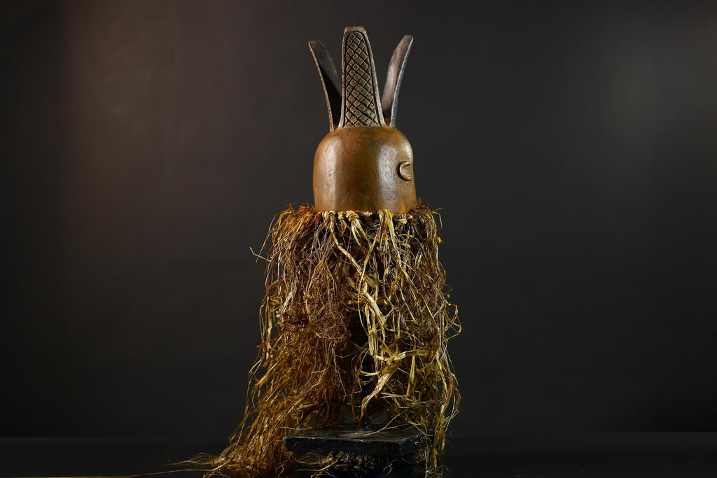 African | Mask | Carved Wooden | Helmet | Bondo Bundu | Raffia Art | Home Decor | Unique Ethnic Sculpture | Tribal Accent Piece-G5170