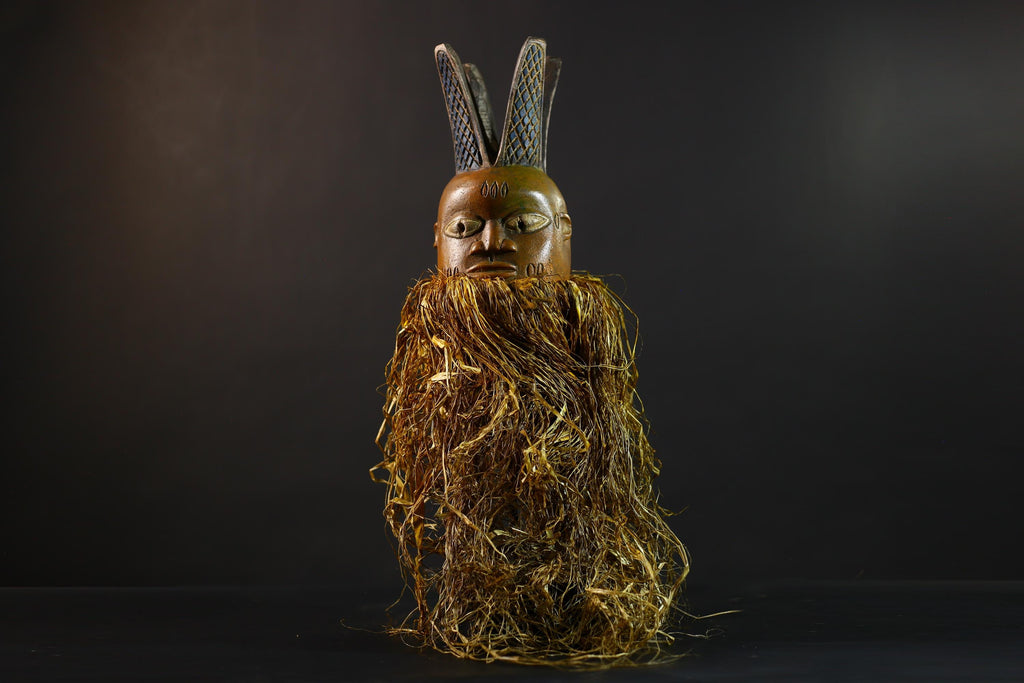 African | Mask | Carved Wooden | Helmet | Bondo Bundu | Raffia Art | Home Decor | Unique Ethnic Sculpture | Tribal Accent Piece-G5170