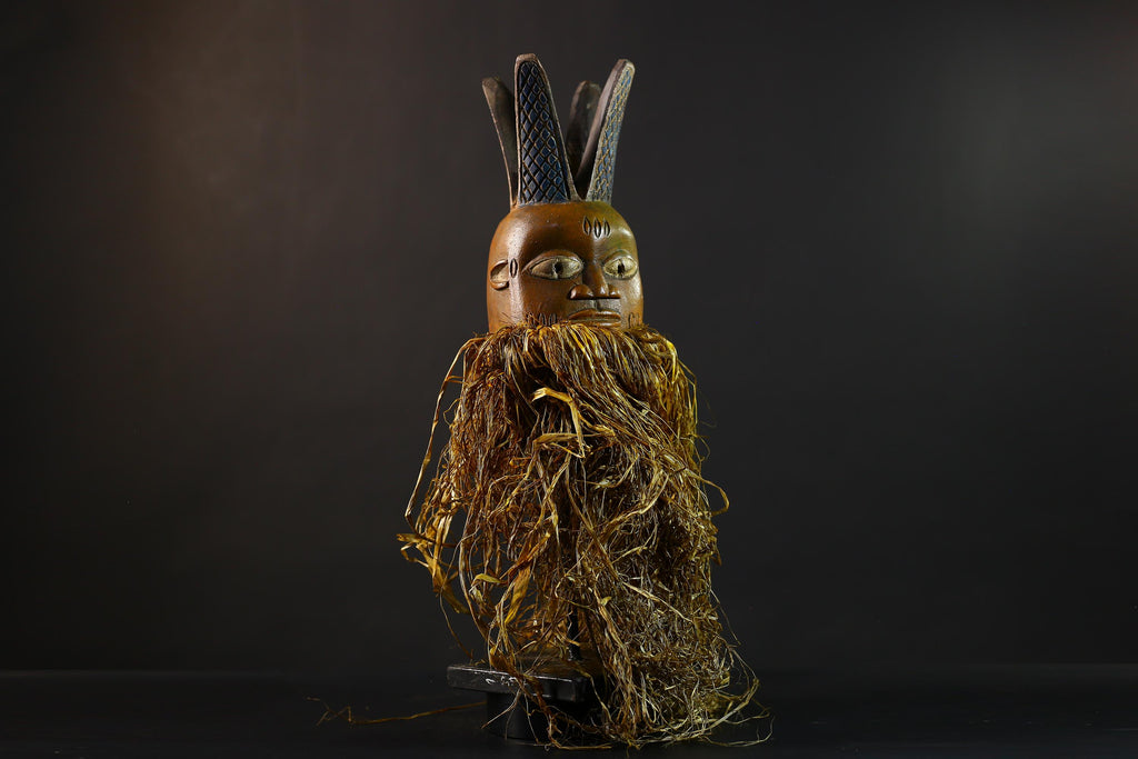 African | Mask | Carved Wooden | Helmet | Bondo Bundu | Raffia Art | Home Decor | Unique Ethnic Sculpture | Tribal Accent Piece-G5170