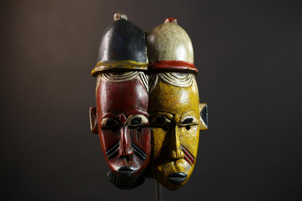 African Wood Baule Two-Faced Mask | Antique Carved Tribal Wall Decor | Unique Gift -G5167