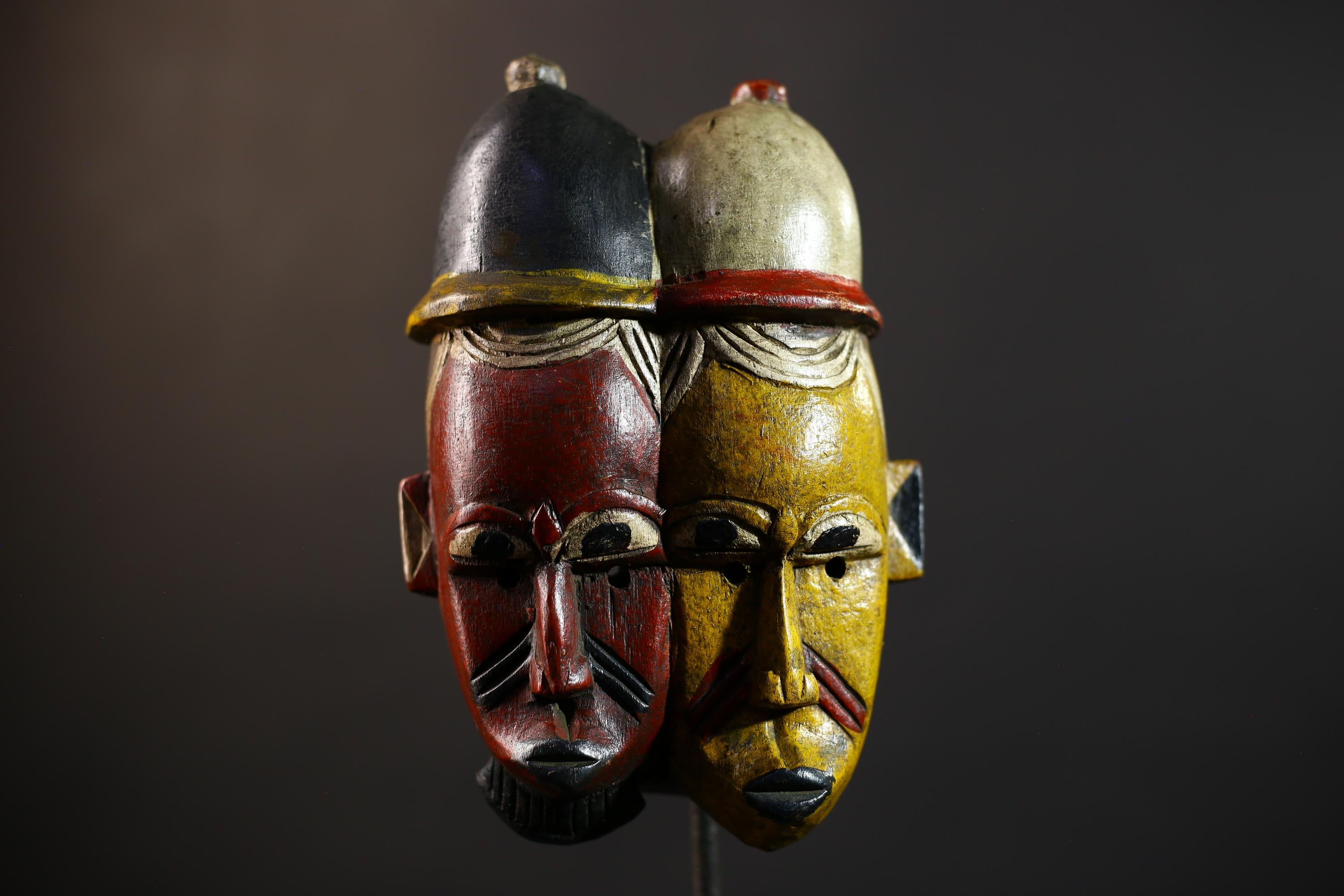African Wood Baule Two-Faced Mask | Antique Carved Tribal Wall Decor | Unique Gift -G5167