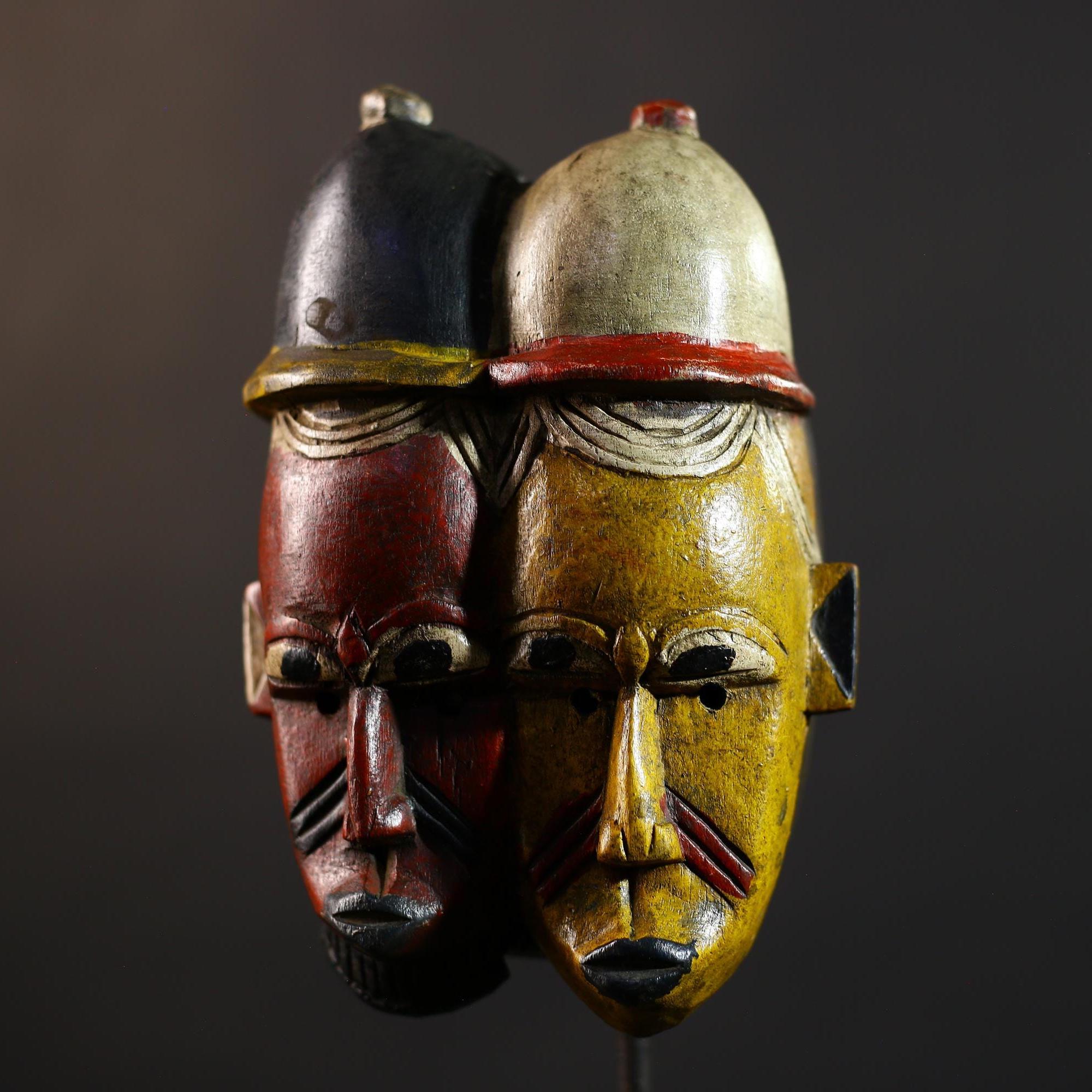 African Wood Baule Two-Faced Mask | Antique Carved Tribal Wall Decor | Unique Gift -G5167