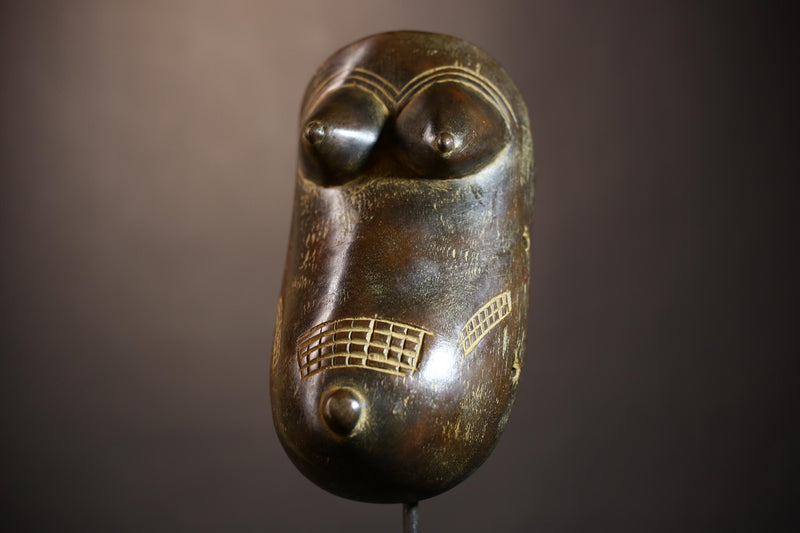 African tribal carved female mask wooden sculpture with breasts engraved scarification patterns ethnic art wall hanging decor-G5110