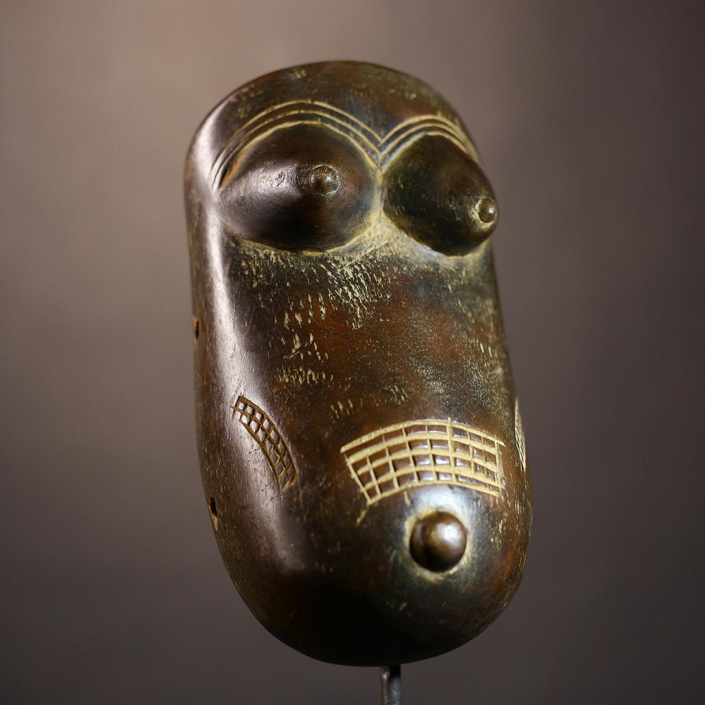 African tribal carved female mask wooden sculpture with breasts engraved scarification patterns ethnic art wall hanging decor-G5110