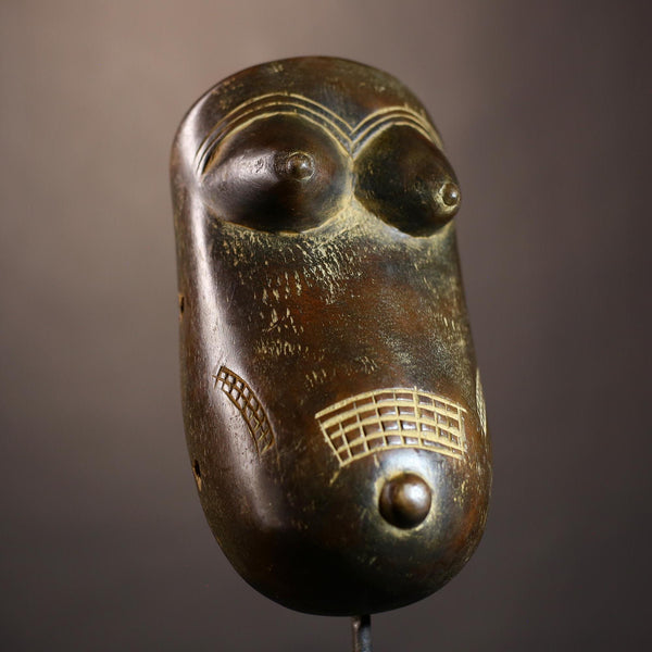 African tribal carved female mask wooden sculpture with breasts engraved scarification patterns ethnic art wall hanging decor-G5110