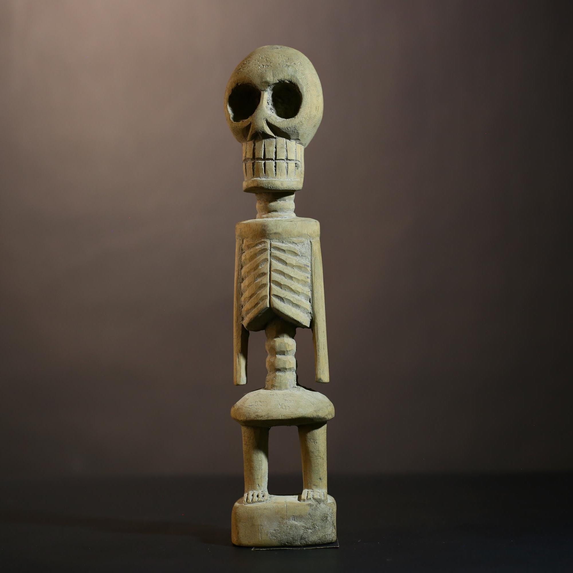 African tribal skeleton figure carved wood statue handmade ethnic art West Africa vintage style home decor cultural sculpture G5107