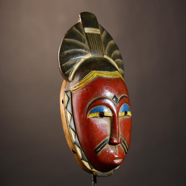 African Baule mask red face carved wood tribal art wall decor vintage home accent collectible handmade Côte dIvoire sculpture-G5104