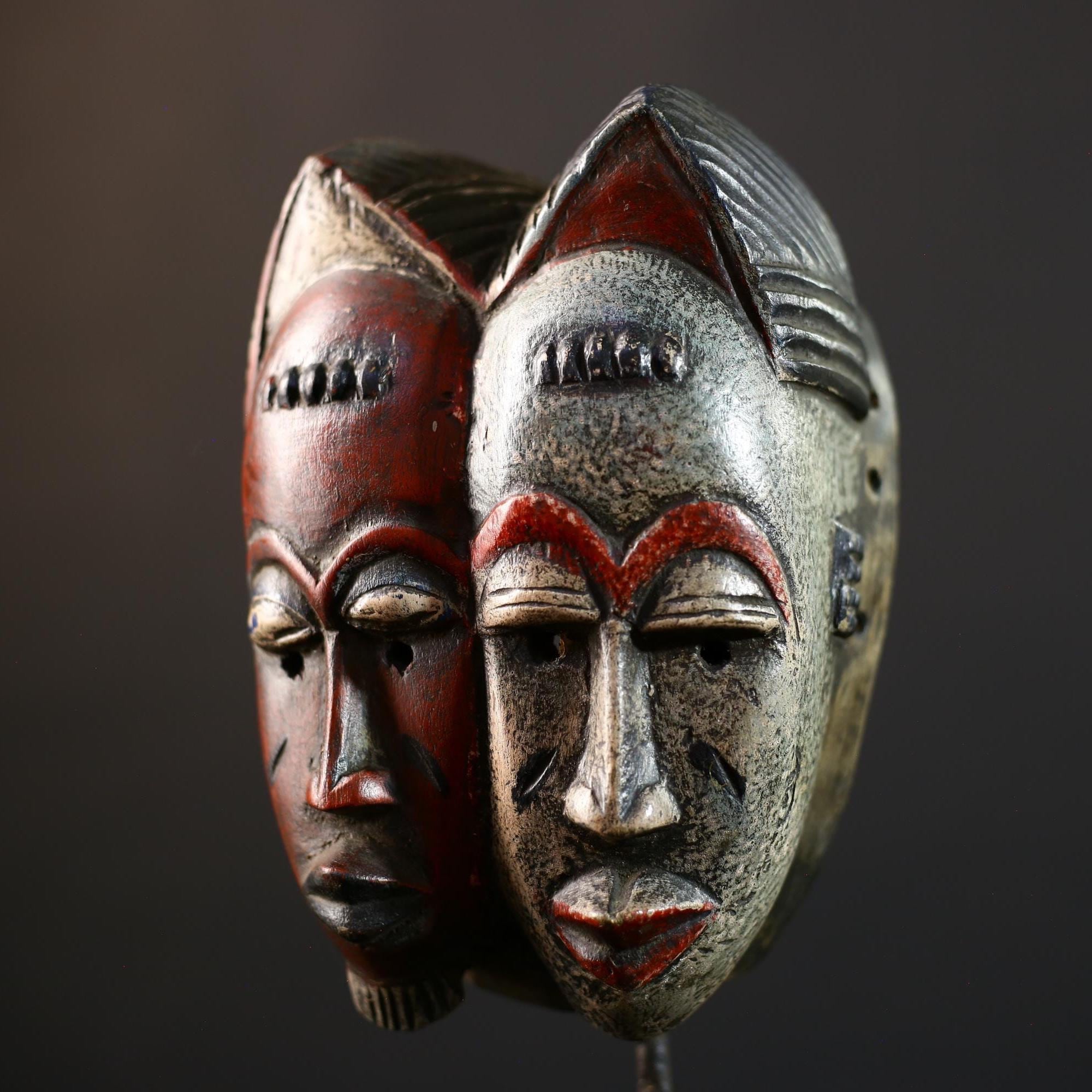 African Wood Baule Mask | Antique Two-Faced Tribal Wall Decor | Unique Handcrafted Art | Cultural Home Accent Piece-G5181