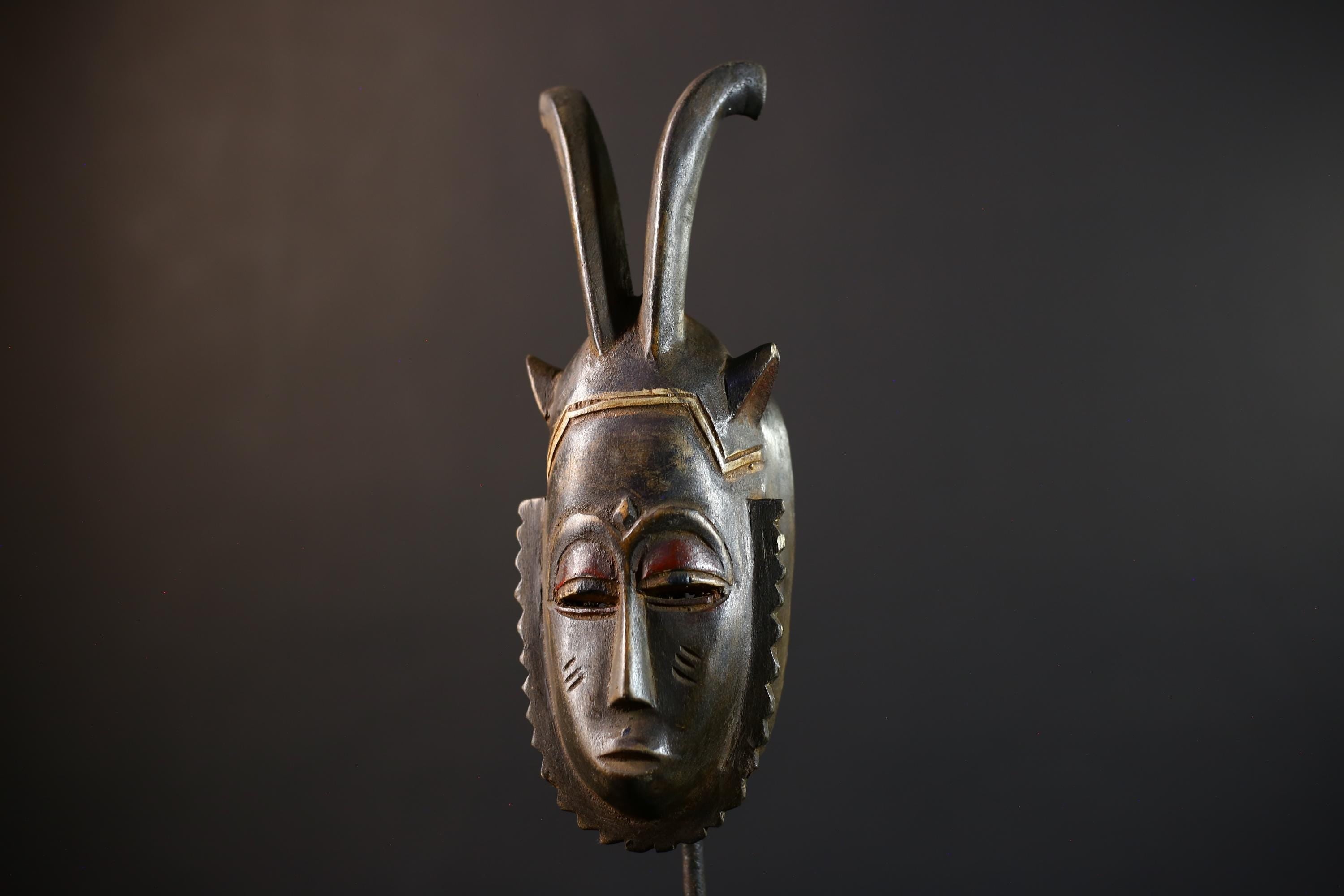 African Hand-Carved Mask | Guro Baule Wall Hanging | Unique Art Decor | Decorative Mask with Horns | Ethnic Home Decor-G5192