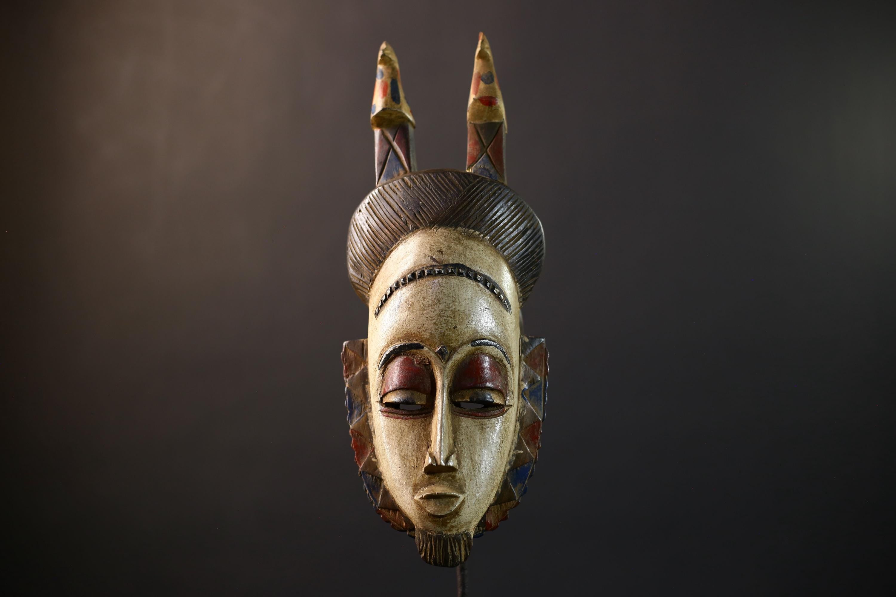 African White | Vintage Hand Carved Wooden Mask | Baule Wall Decor | Unique Birds Design | Ethnic Home Accent-G5204
