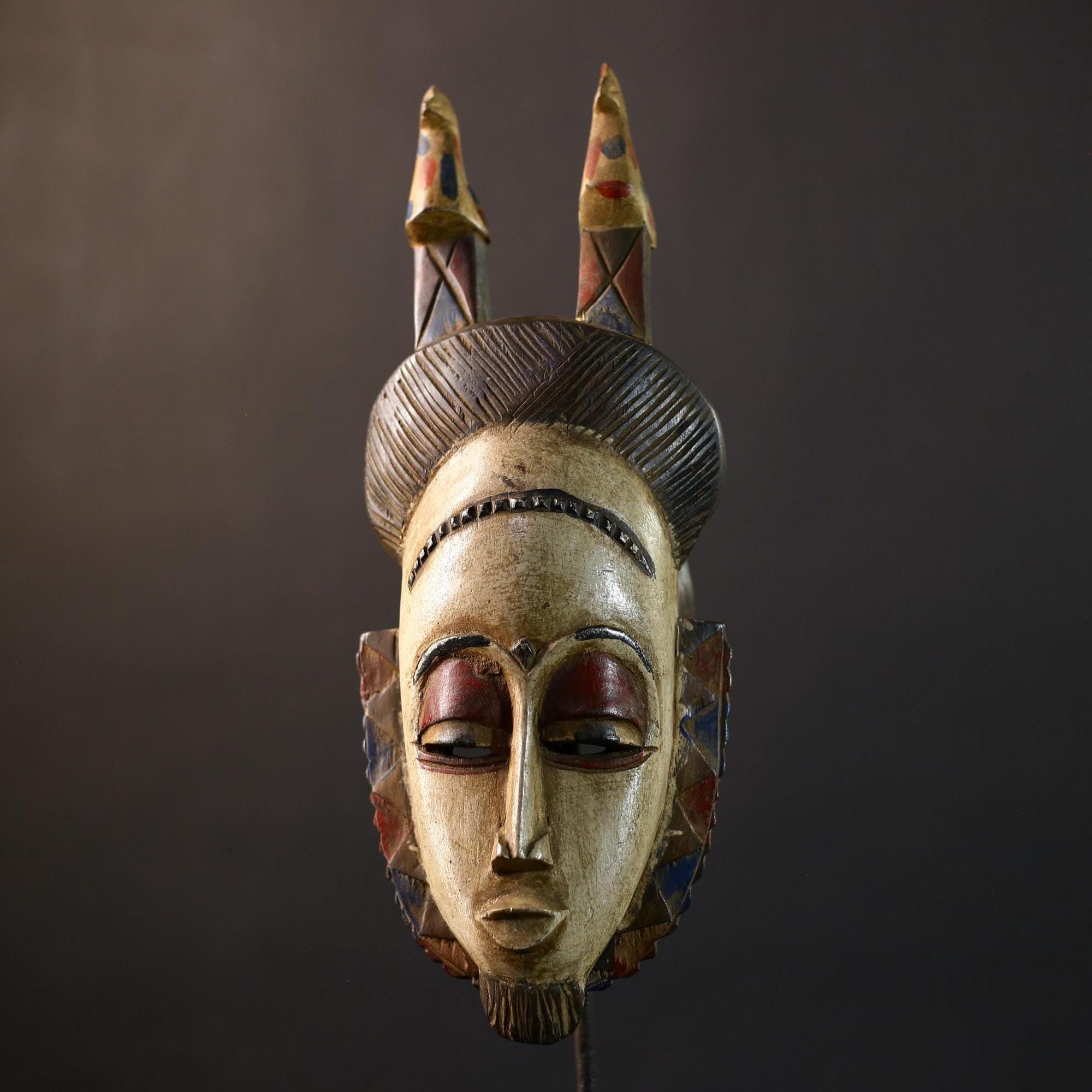 African White | Vintage Hand Carved Wooden Mask | Baule Wall Decor | Unique Birds Design | Ethnic Home Accent-G5204