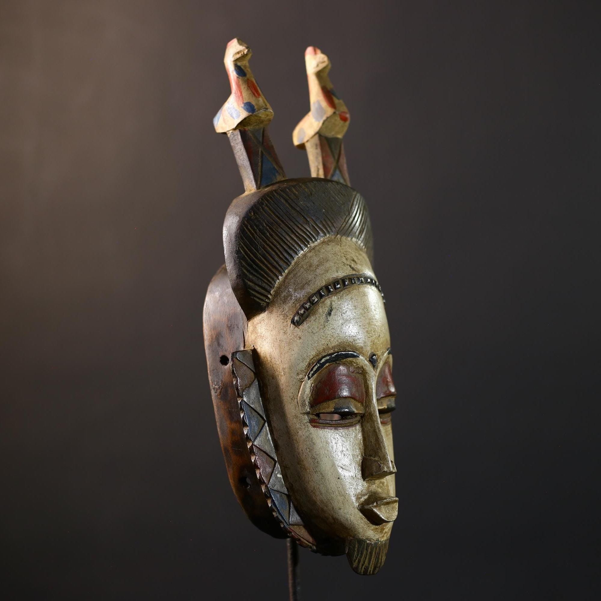 African White | Vintage Hand Carved Wooden Mask | Baule Wall Decor | Unique Birds Design | Ethnic Home Accent-G5204