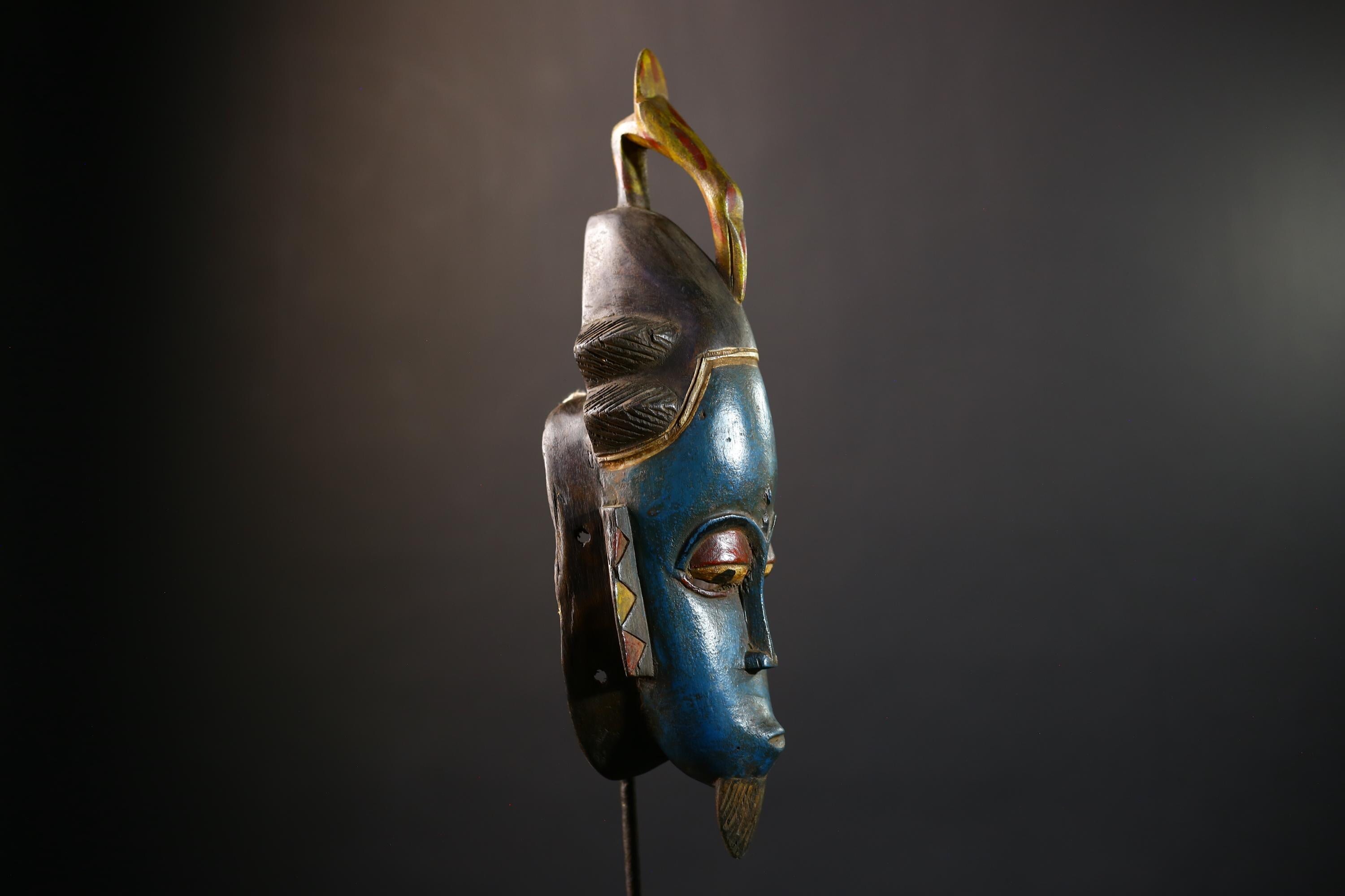 African Blue Vintage Hand Carved Wooden Mask | Baule Tribal Wall Art | Unique Decor | Ethnic Home Accent-G5202