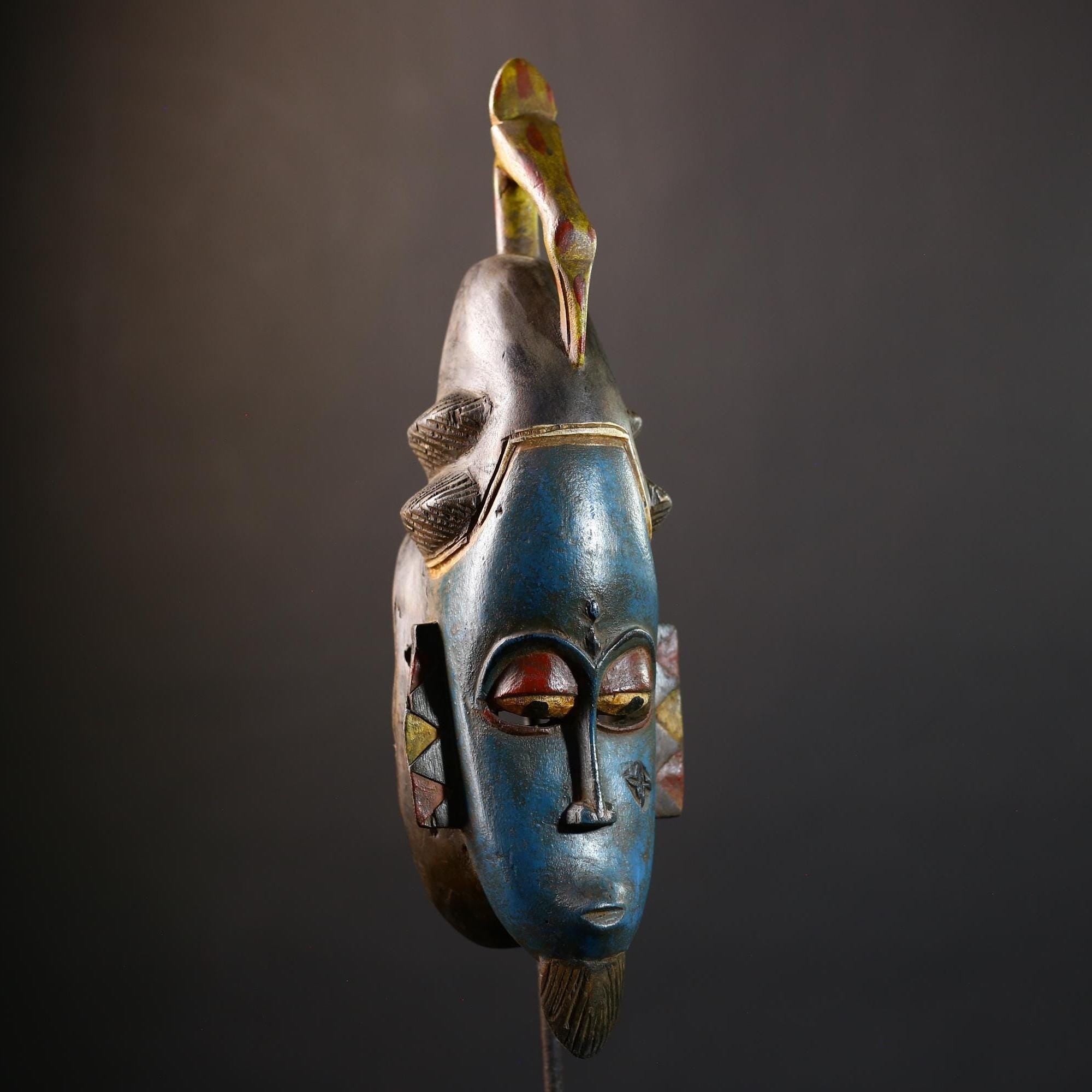 African Blue Vintage Hand Carved Wooden Mask | Baule Tribal Wall Art | Unique Decor | Ethnic Home Accent-G5202