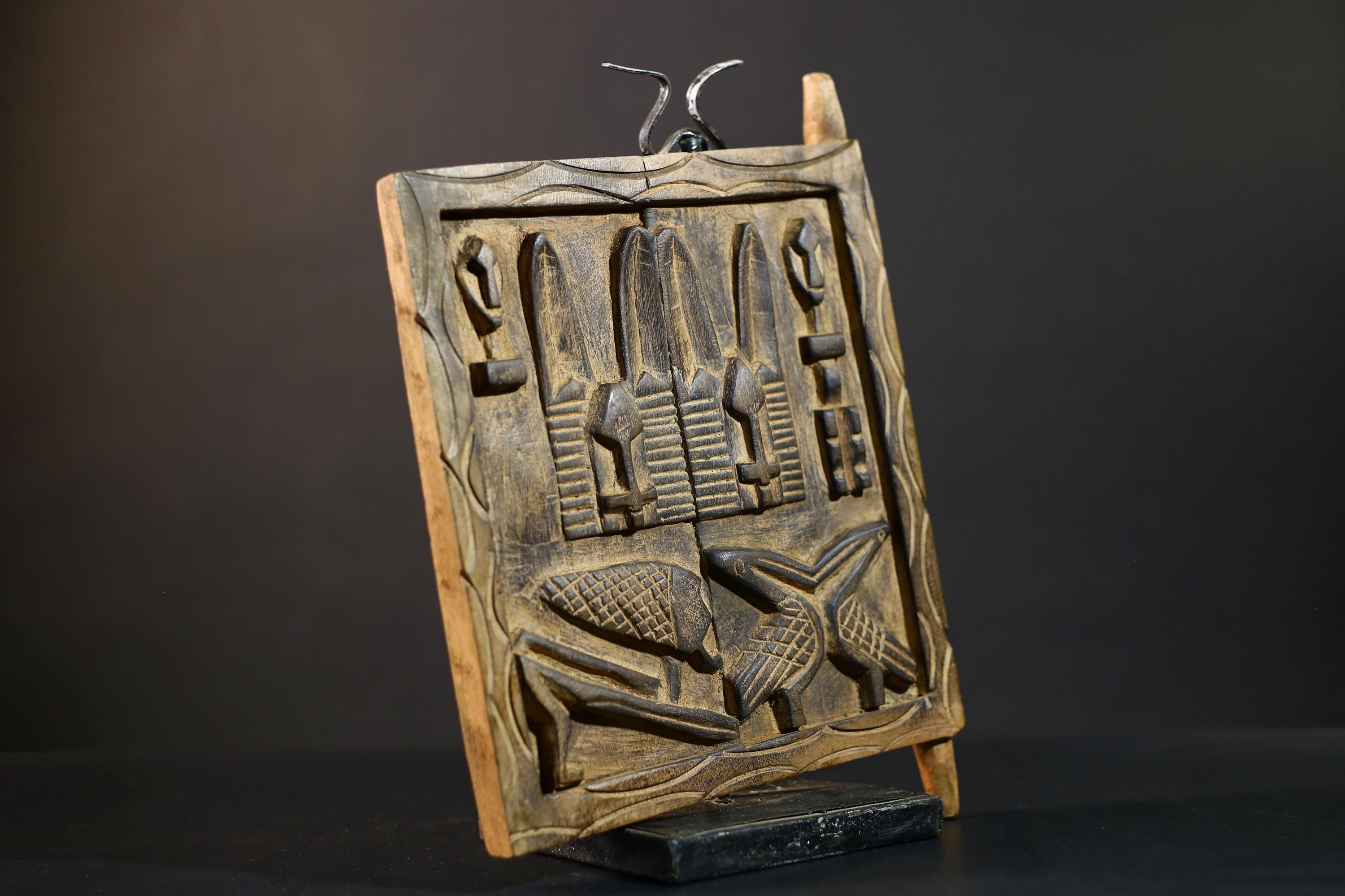 African Granary Door Vintage primitive art Carved Wood Wall Art Unique Decor - G5209