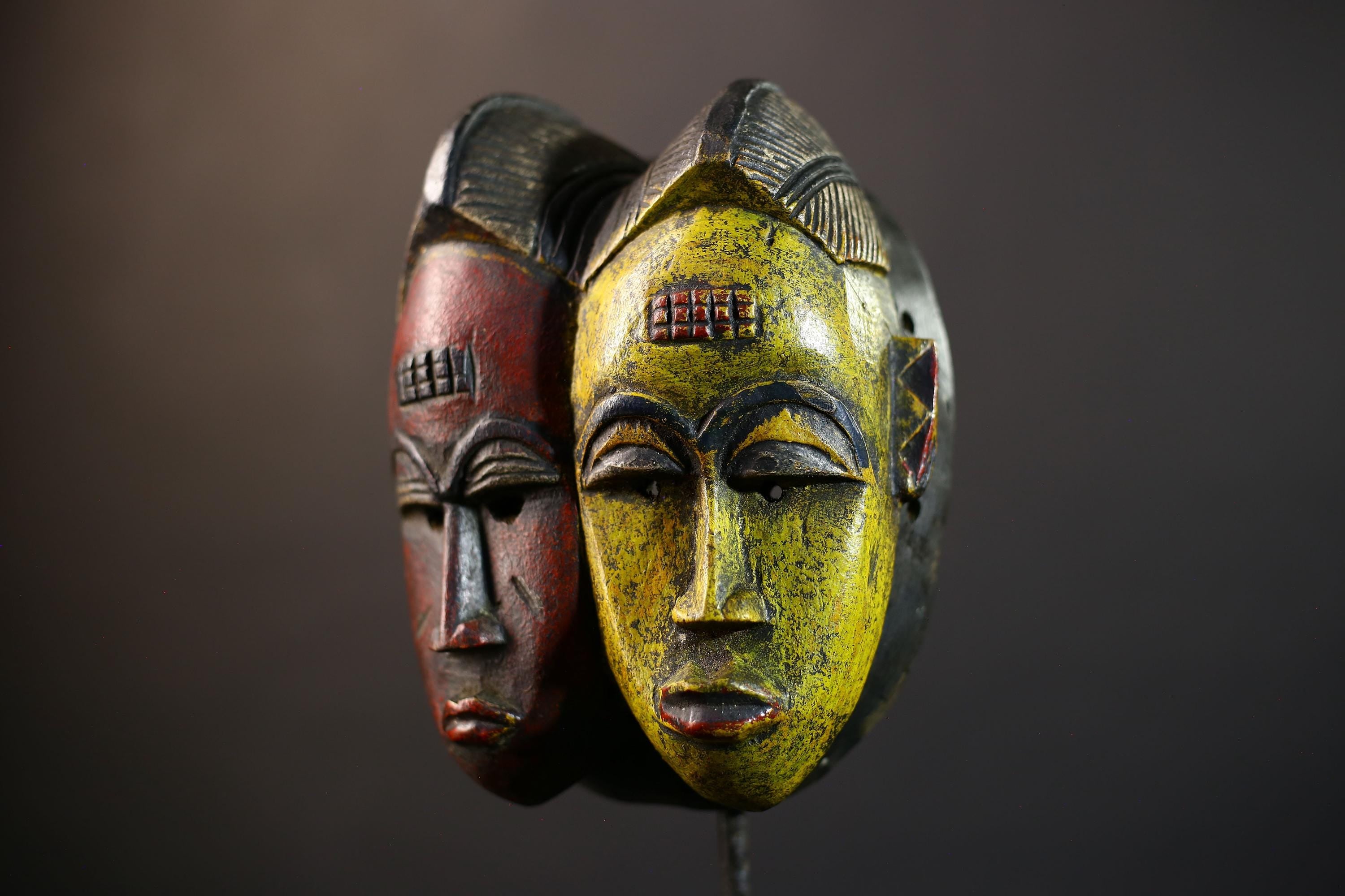 African Guro Mask | Two Faces in Yellow & Red | Handcrafted Wooden Art Decor-G5219