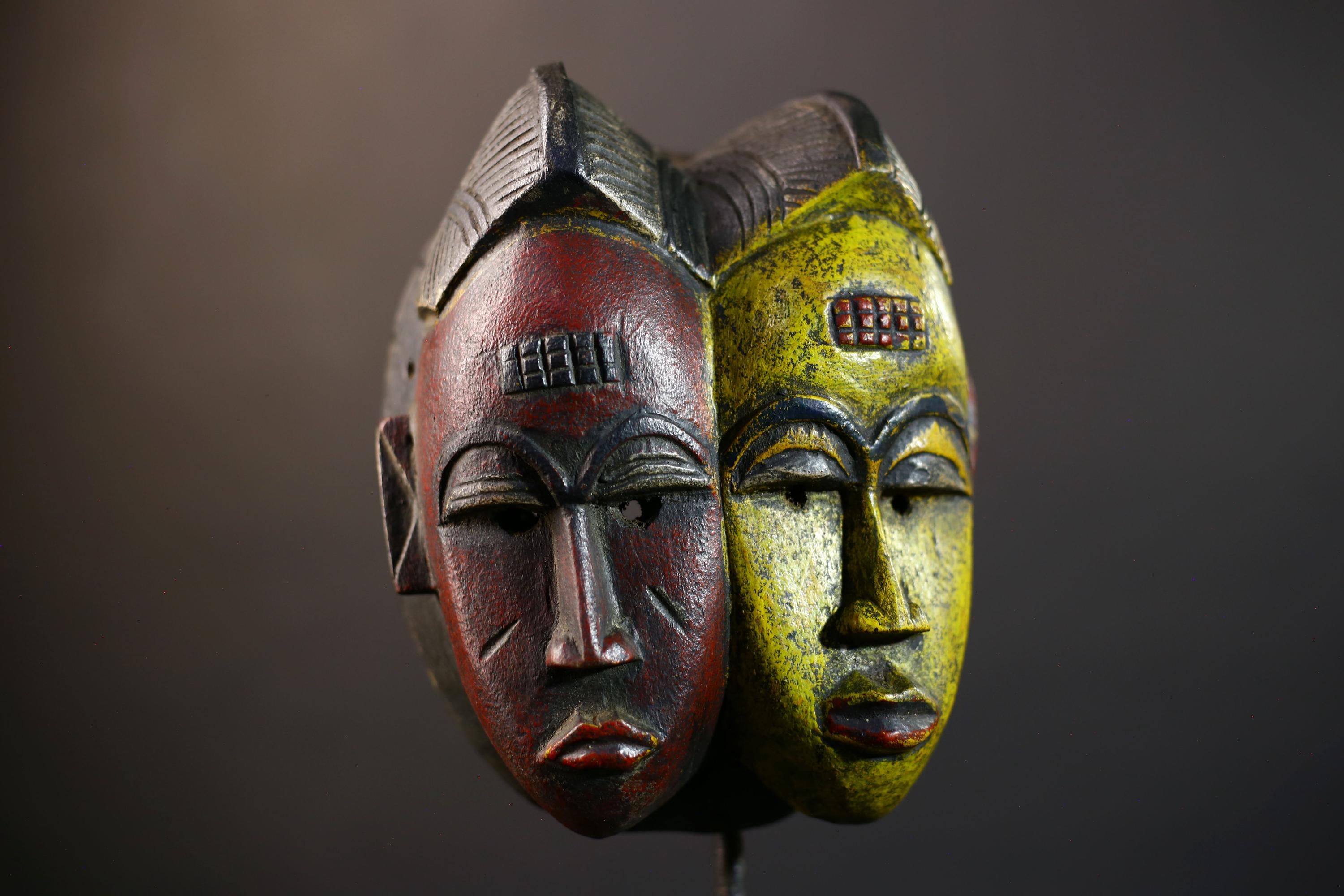African Guro Mask | Two Faces in Yellow & Red | Handcrafted Wooden Art Decor-G5219