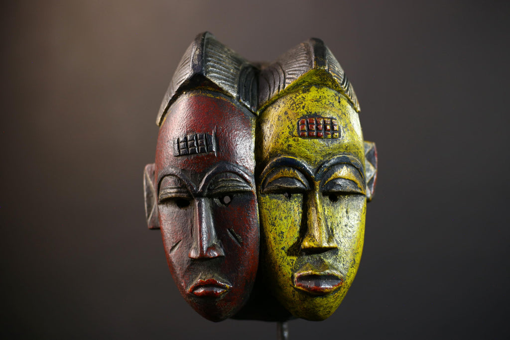 African Guro Mask | Two Faces in Yellow & Red | Handcrafted Wooden Art Decor-G5219