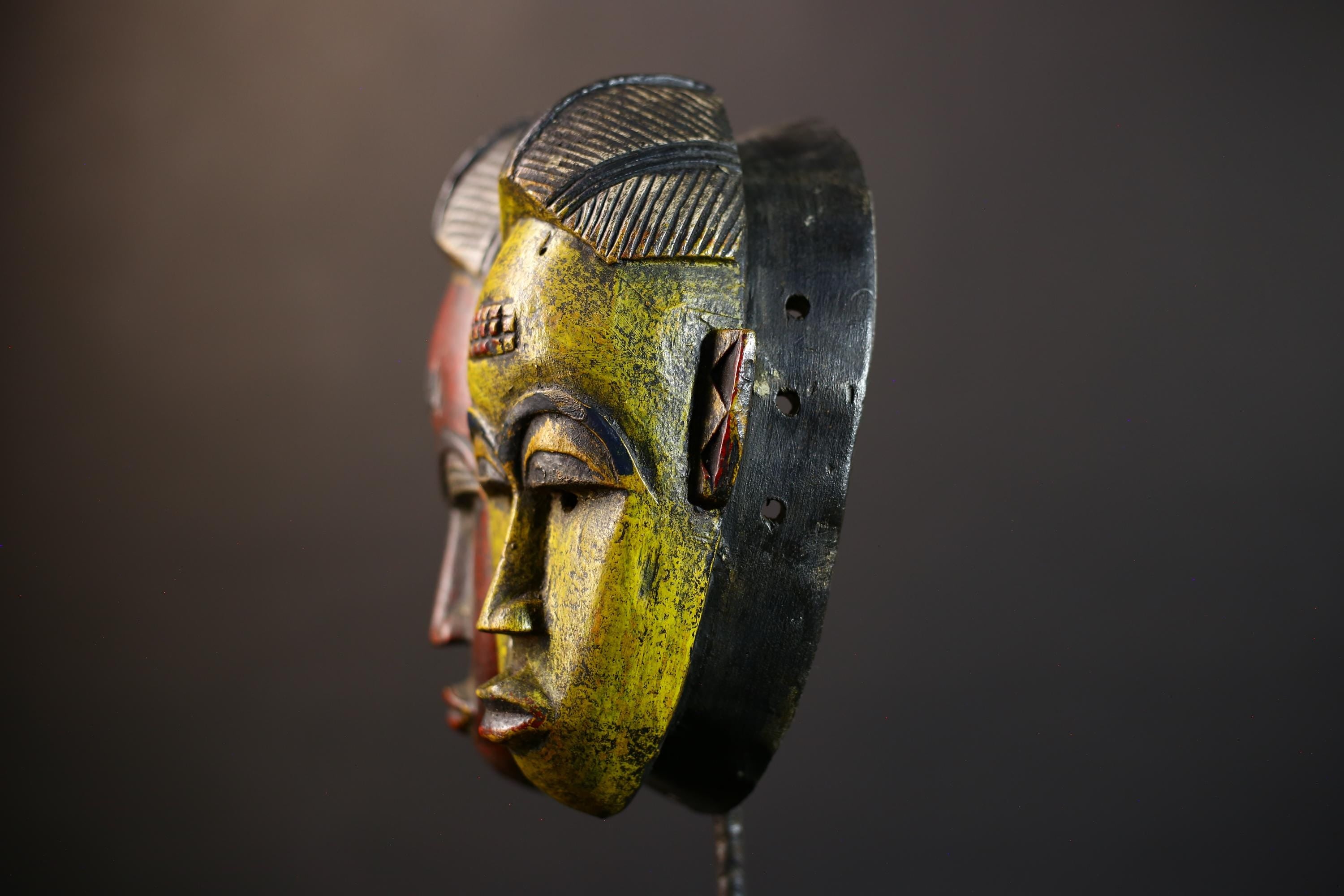 African Guro Mask | Two Faces in Yellow & Red | Handcrafted Wooden Art Decor-G5219