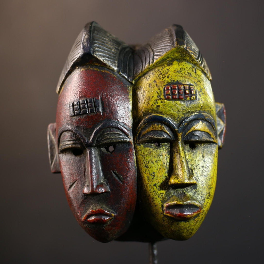 African Guro Mask | Two Faces in Yellow & Red | Handcrafted Wooden Art Decor-G5219