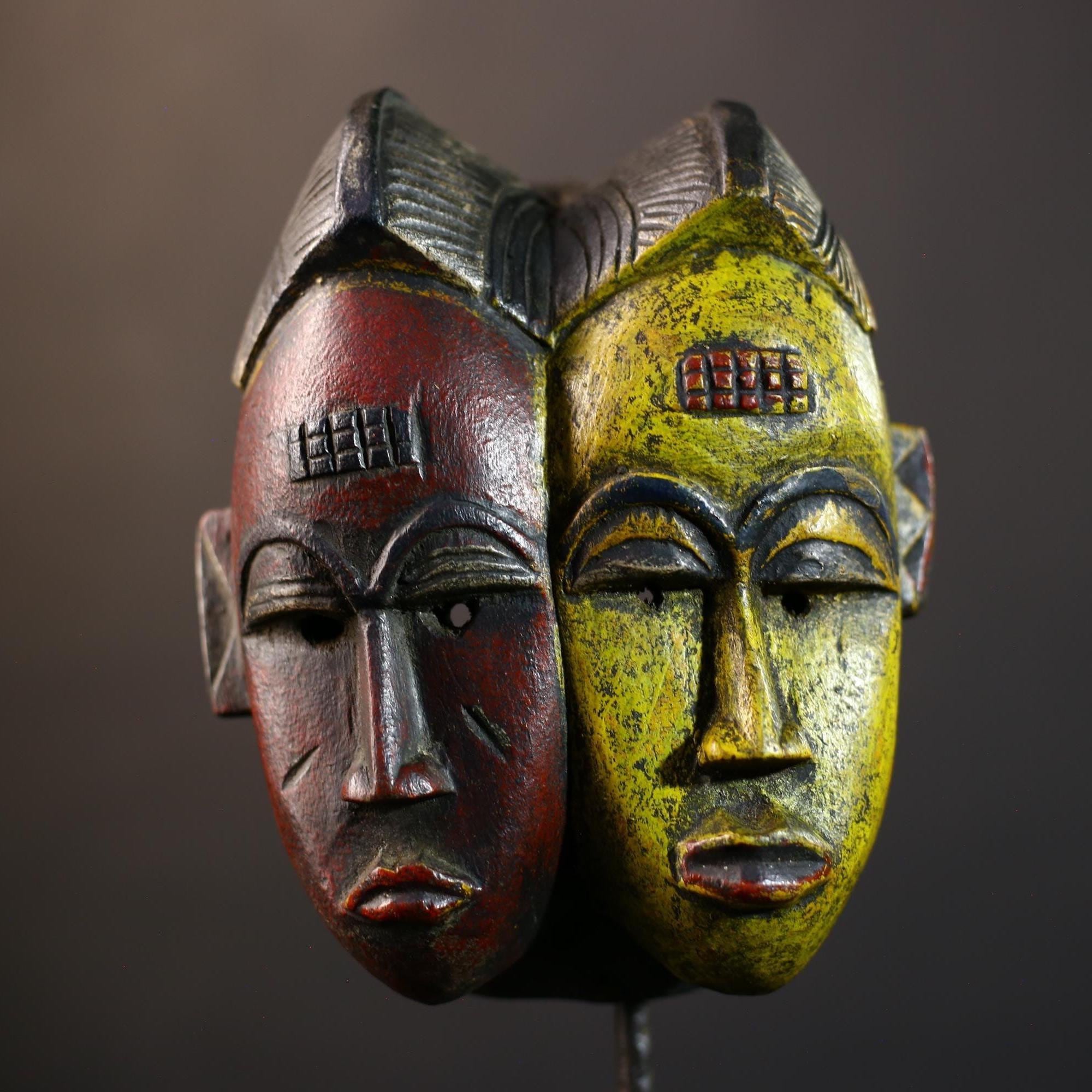 African Guro Mask | Two Faces in Yellow & Red | Handcrafted Wooden Art Decor-G5219