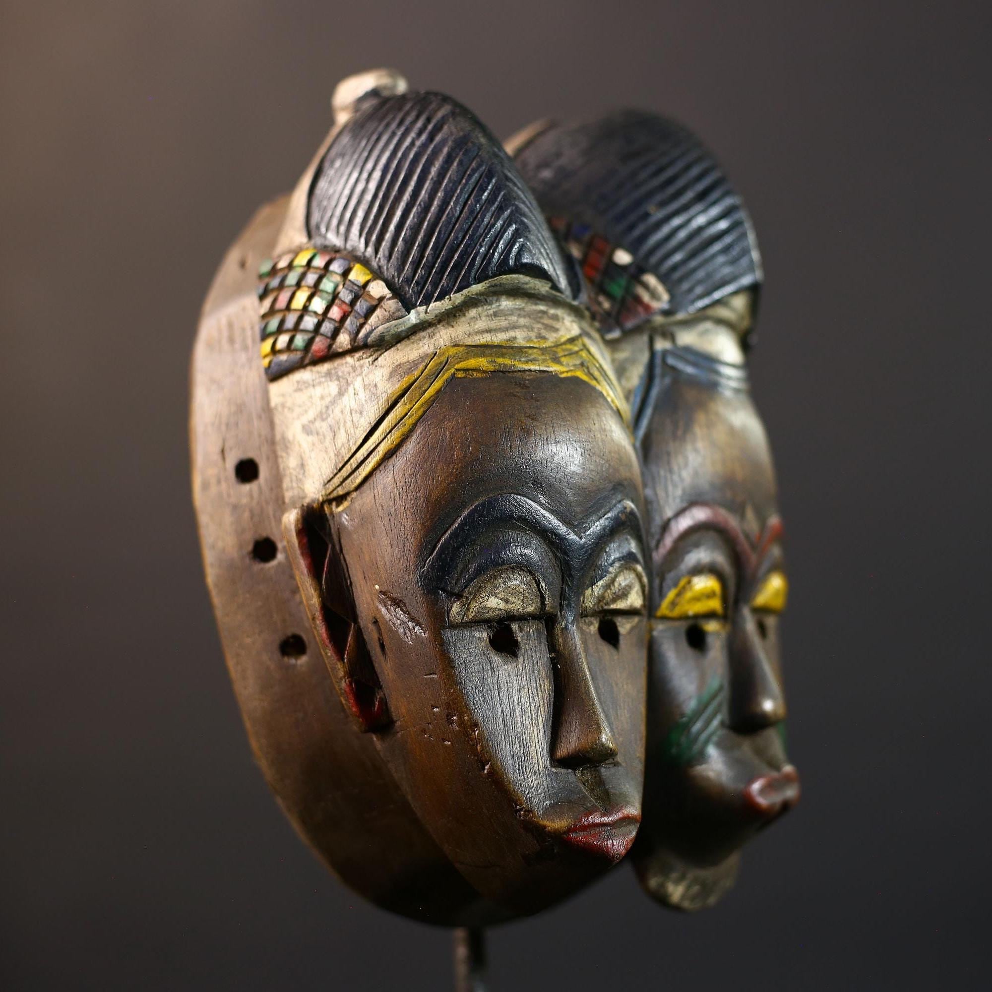 African Guro Mask | Handcrafted | Unique Wall Art | Two Faces | Wooden Decor | Artistic Home Accent-G5218