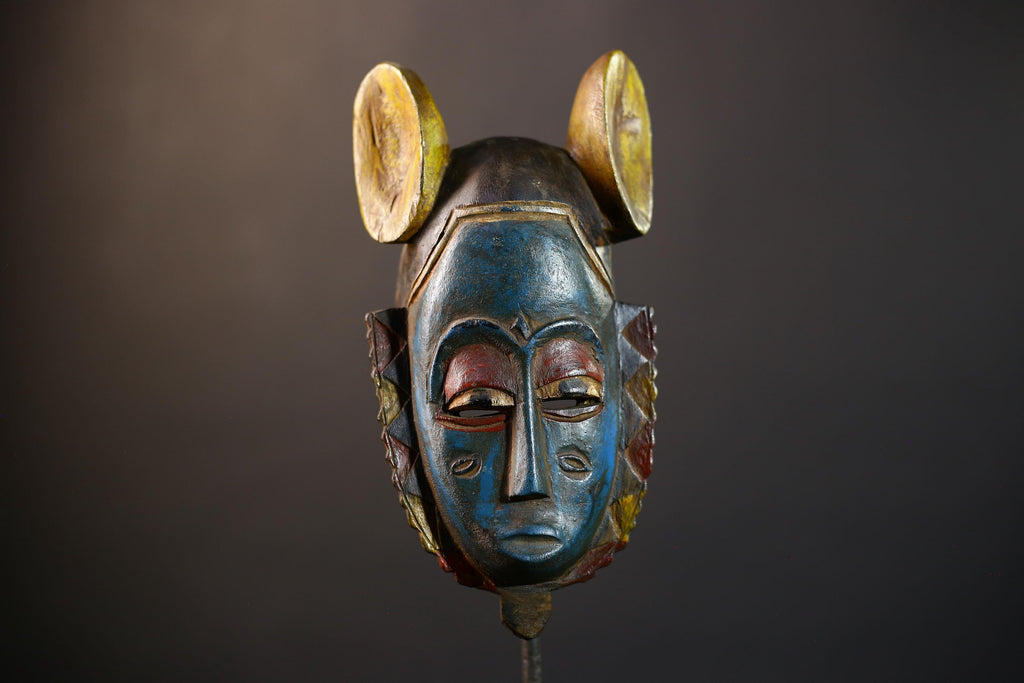 African Guro Mask | Blue Yellow Ears | Handcrafted | Wooden Art | Cultural Decor | Unique Wall Accent-G5217