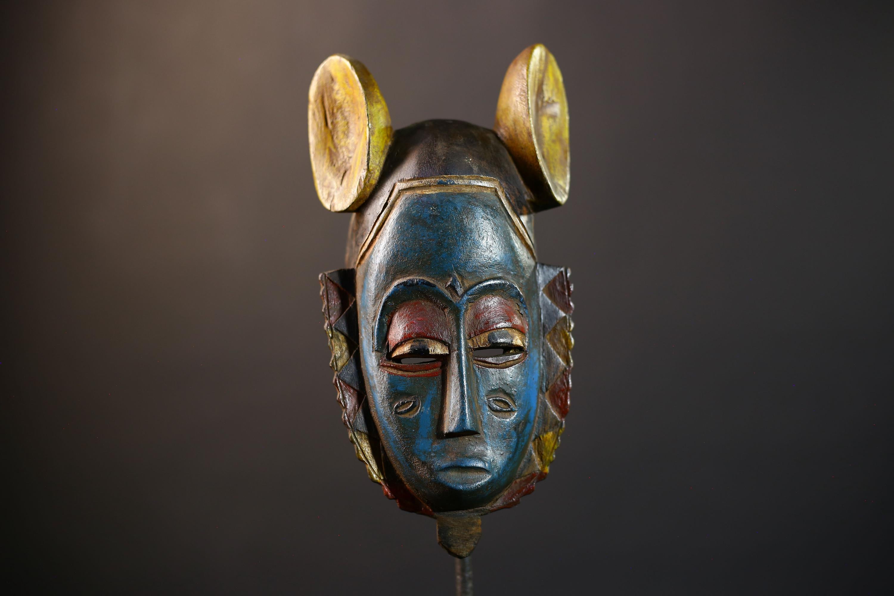 African Guro Mask | Blue Yellow Ears | Handcrafted | Wooden Art | Cultural Decor | Unique Wall Accent-G5217