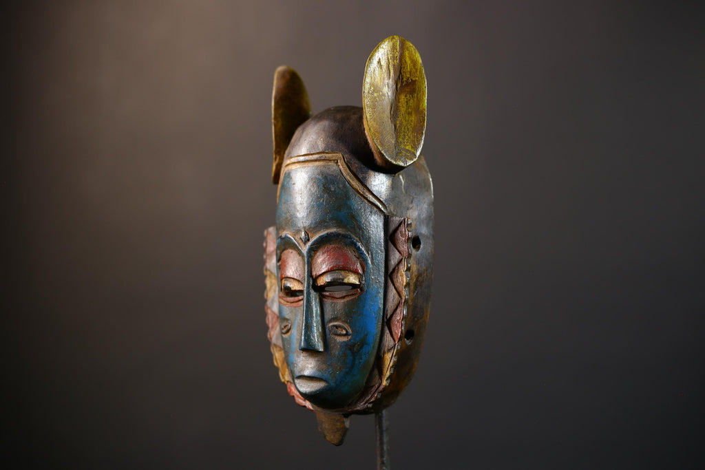 African Guro Mask | Blue Yellow Ears | Handcrafted | Wooden Art | Cultural Decor | Unique Wall Accent-G5217