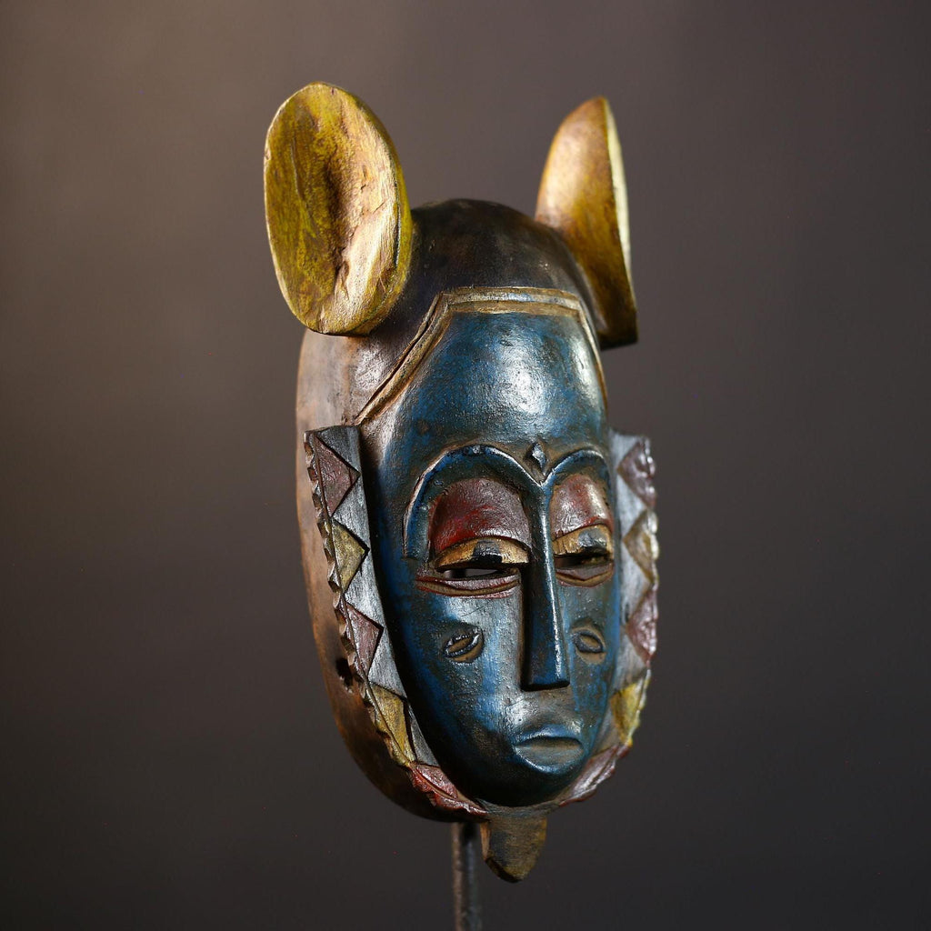 African Guro Mask | Blue Yellow Ears | Handcrafted | Wooden Art | Cultural Decor | Unique Wall Accent-G5217