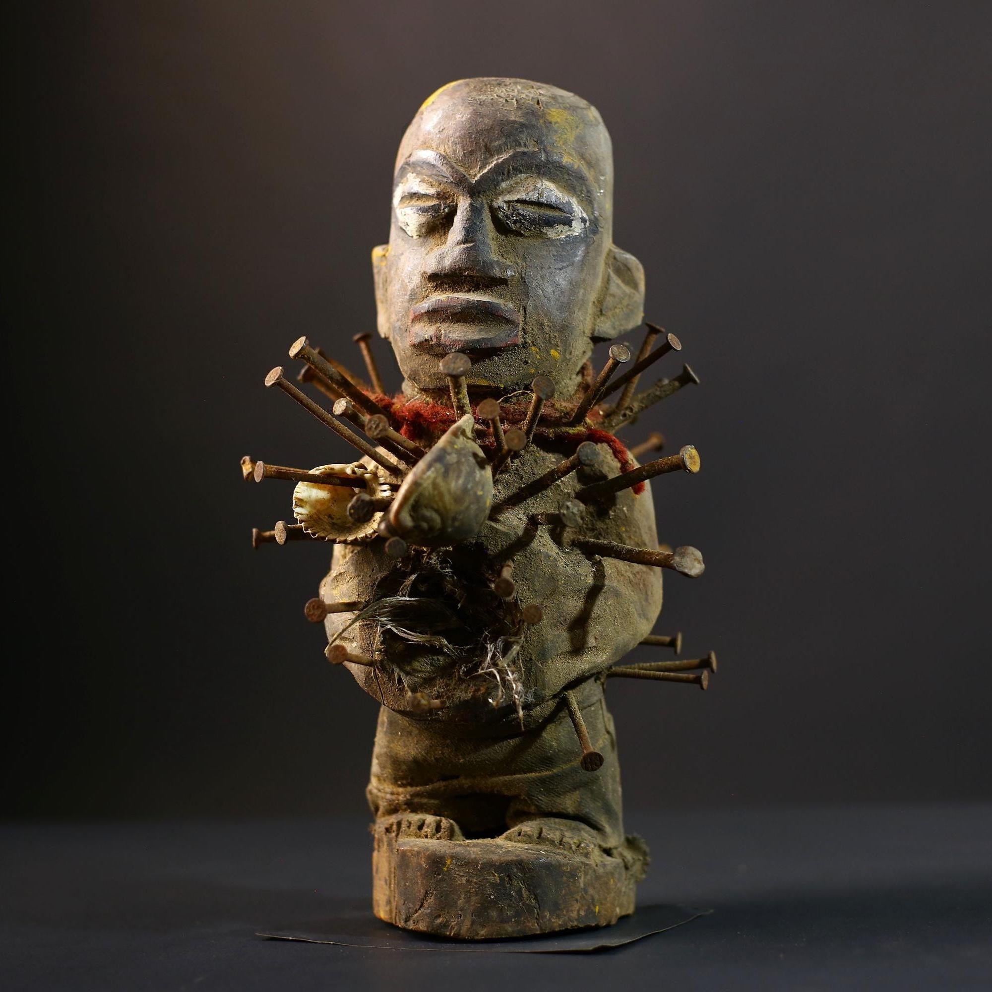 African Nkisi Nkondi Figurine | Tribal Voodoo Statue | Brown Vintage Decor | Handcarved Spiritual Art | Cultural Collectible Accent-G5241