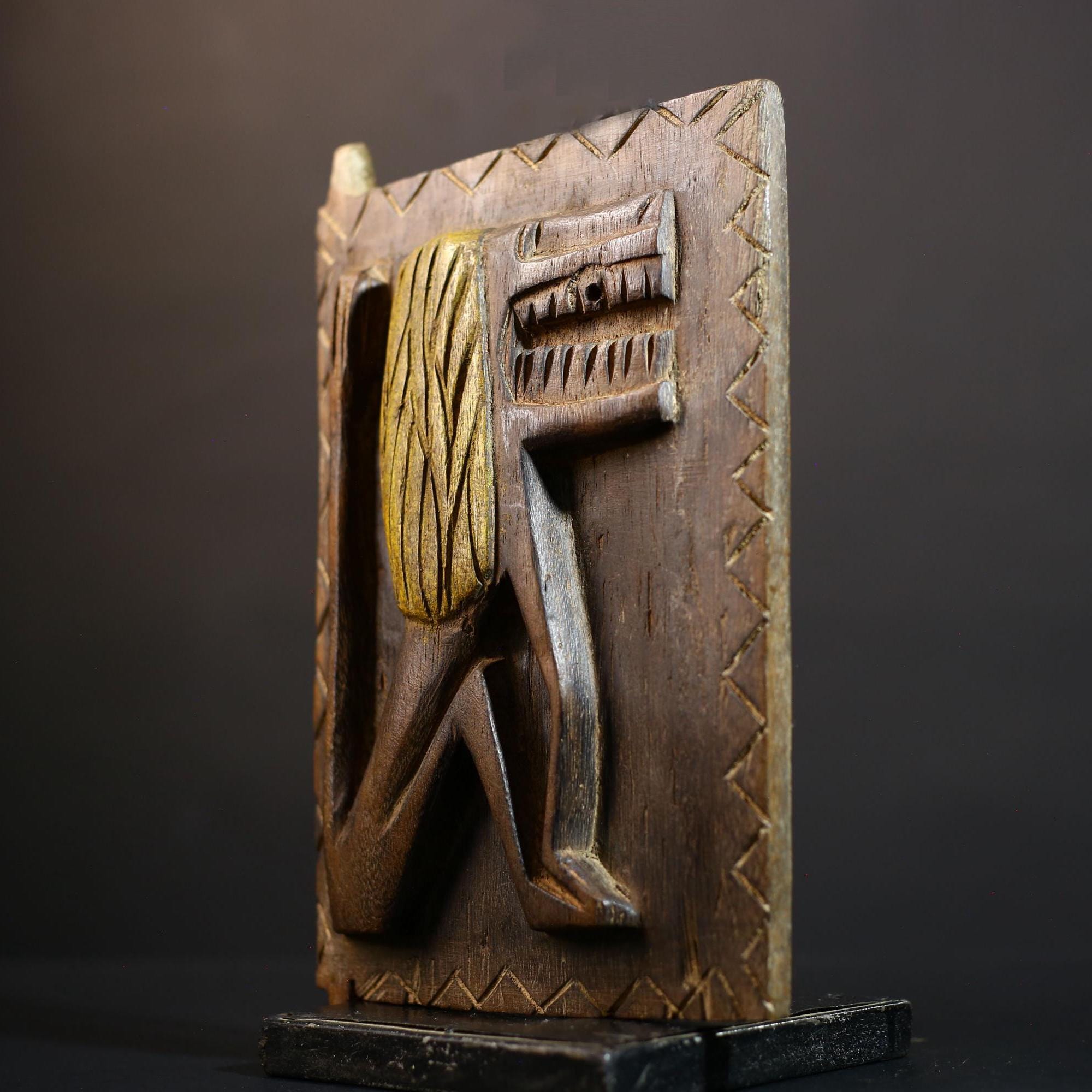 African Granary Door | Tribal Lion Carving | Vintage Brown Wood Wall Art | Handcrafted Ethnic Decor | Rustic African Home Accent-G5240