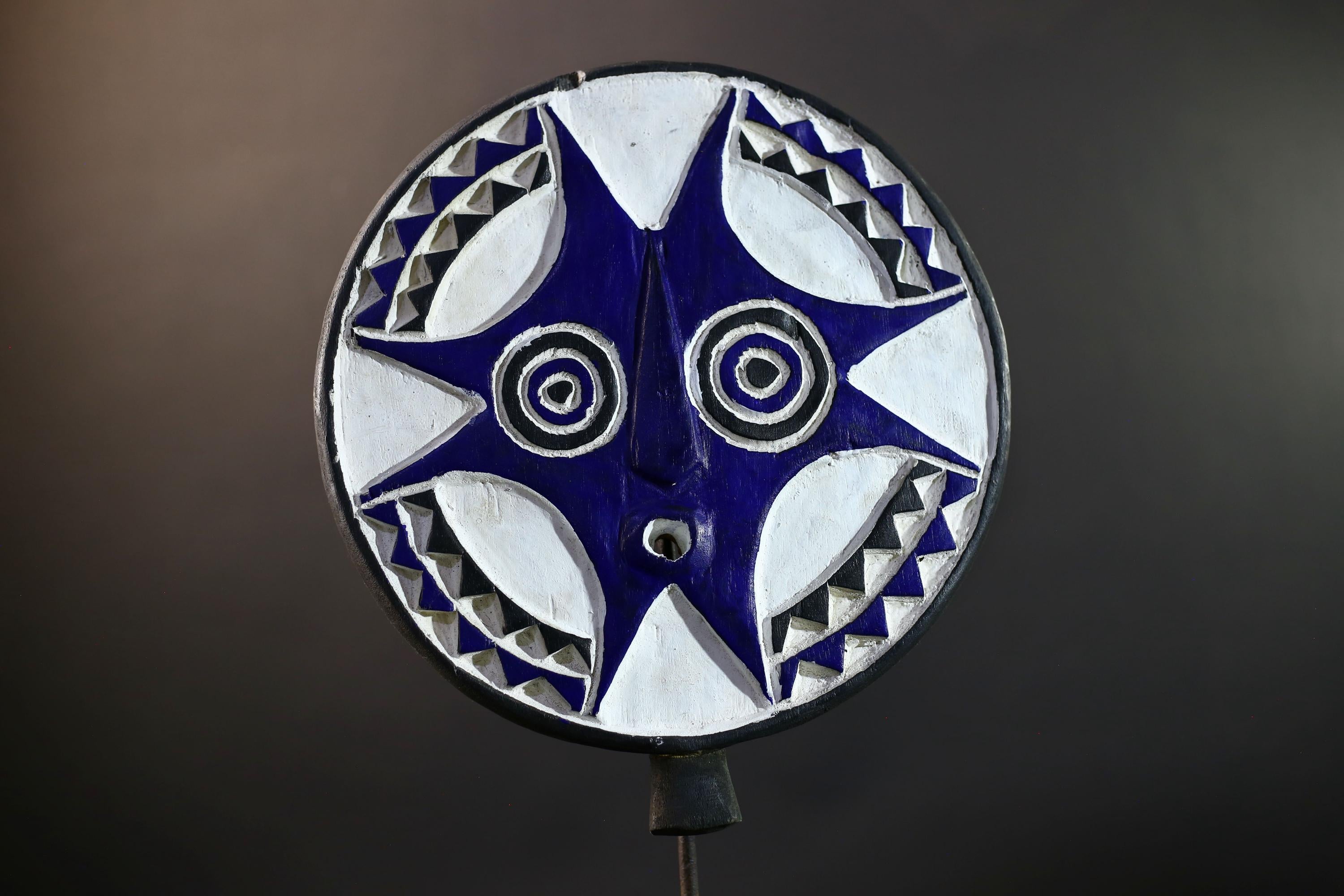 African Sun Mask | Tribal Wall Art | Blue White Wood Mask | Hand-Carved Bwa Mask | Vintage African Decor | Ethnic Spiritual Sculpture-G5255