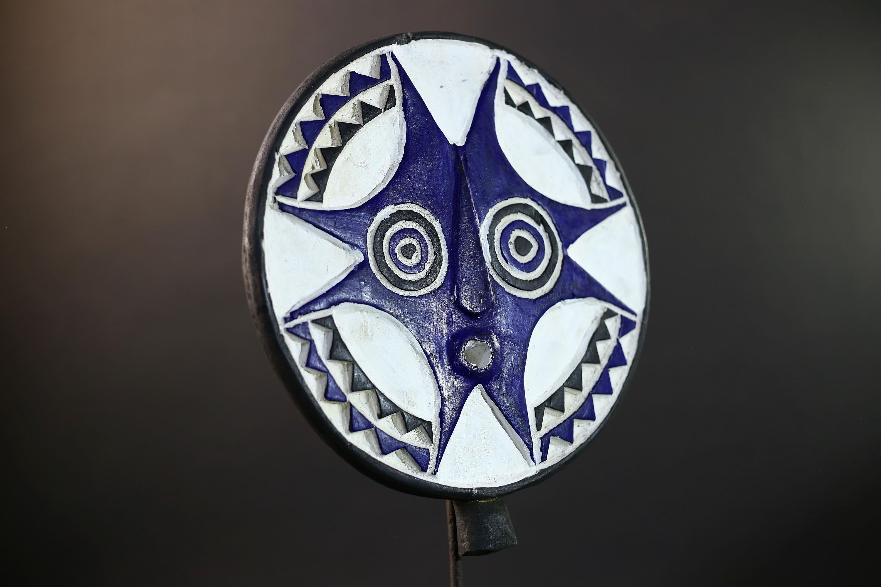 African Sun Mask | Tribal Wall Art | Blue White Wood Mask | Hand-Carved Bwa Mask | Vintage African Decor | Ethnic Spiritual Sculpture-G5255