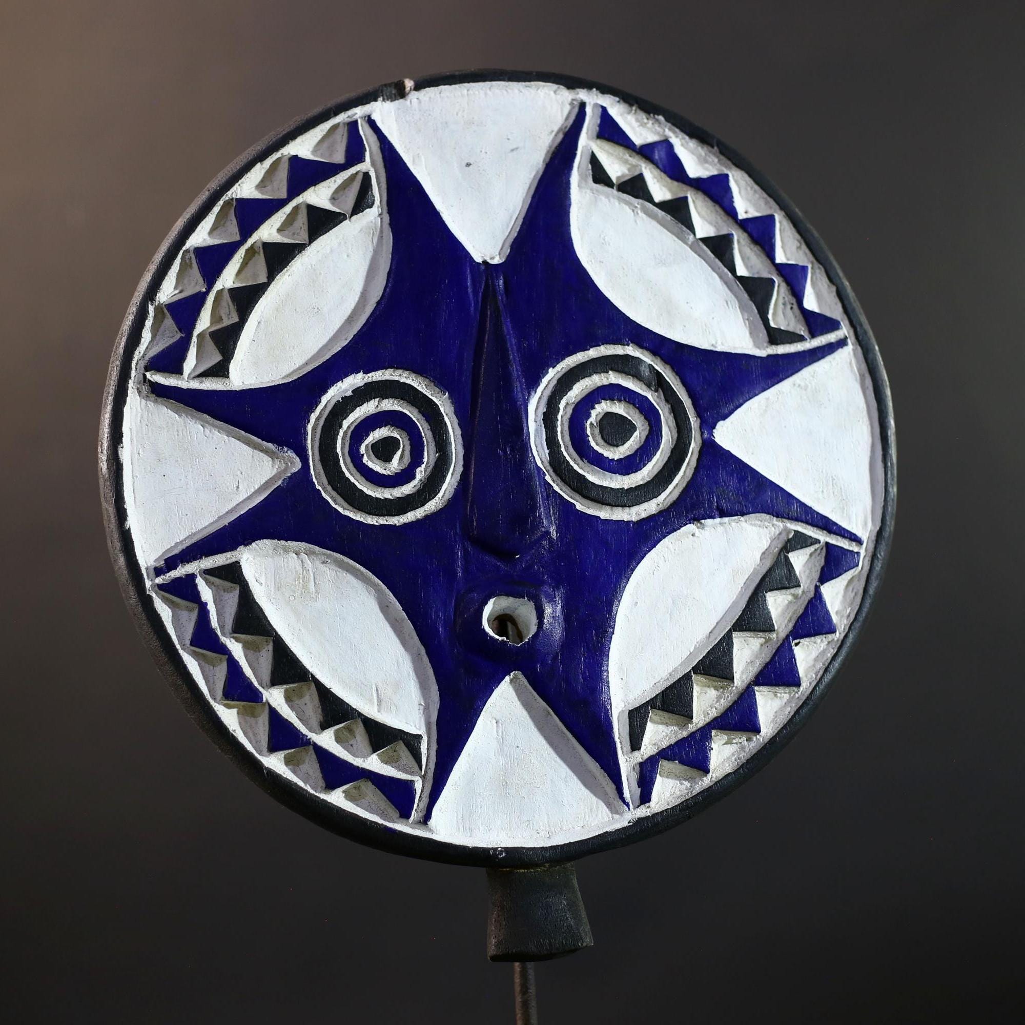 African Sun Mask | Tribal Wall Art | Blue White Wood Mask | Hand-Carved Bwa Mask | Vintage African Decor | Ethnic Spiritual Sculpture-G5255