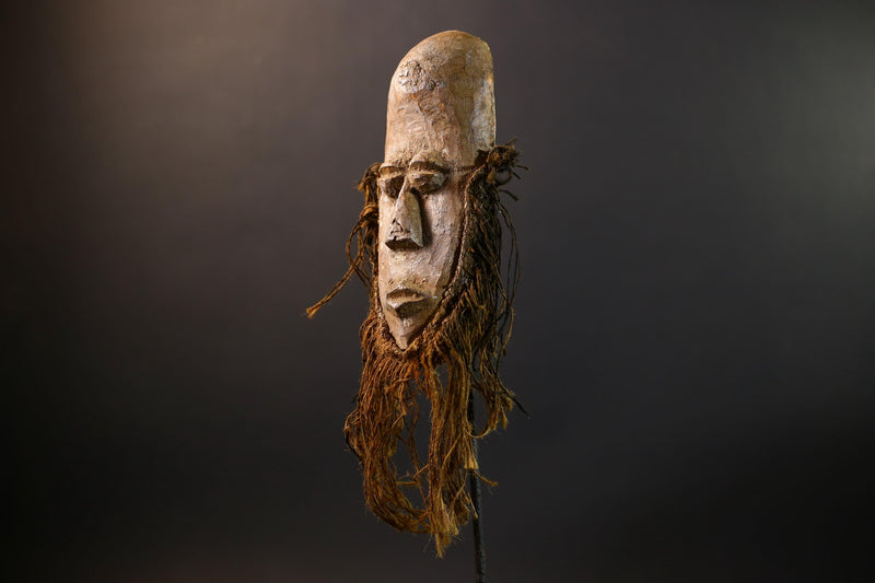 African Lega Mask | Bwami Society Art | Tribal Hand-Carved Wood Mask | Vintage Raffia Fiber Decor | Spiritual Wall Sculpture-G5254
