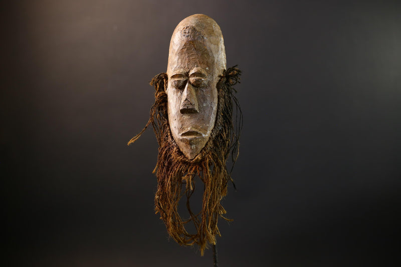 African Lega Mask | Bwami Society Art | Tribal Hand-Carved Wood Mask | Vintage Raffia Fiber Decor | Spiritual Wall Sculpture-G5254