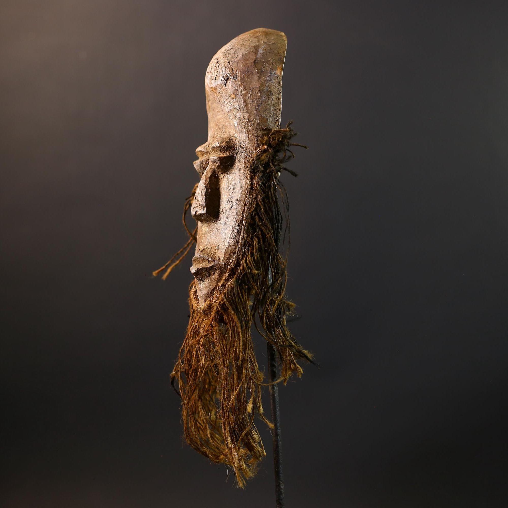 African Lega Mask | Bwami Society Art | Tribal Hand-Carved Wood Mask | Vintage Raffia Fiber Decor | Spiritual Wall Sculpture-G5254