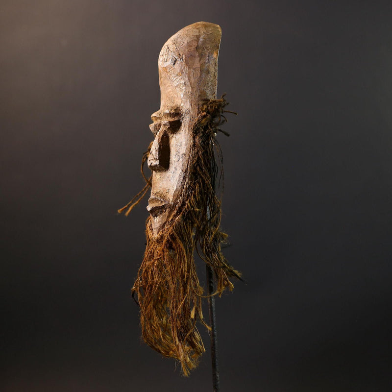 African Lega Mask | Bwami Society Art | Tribal Hand-Carved Wood Mask | Vintage Raffia Fiber Decor | Spiritual Wall Sculpture-G5254