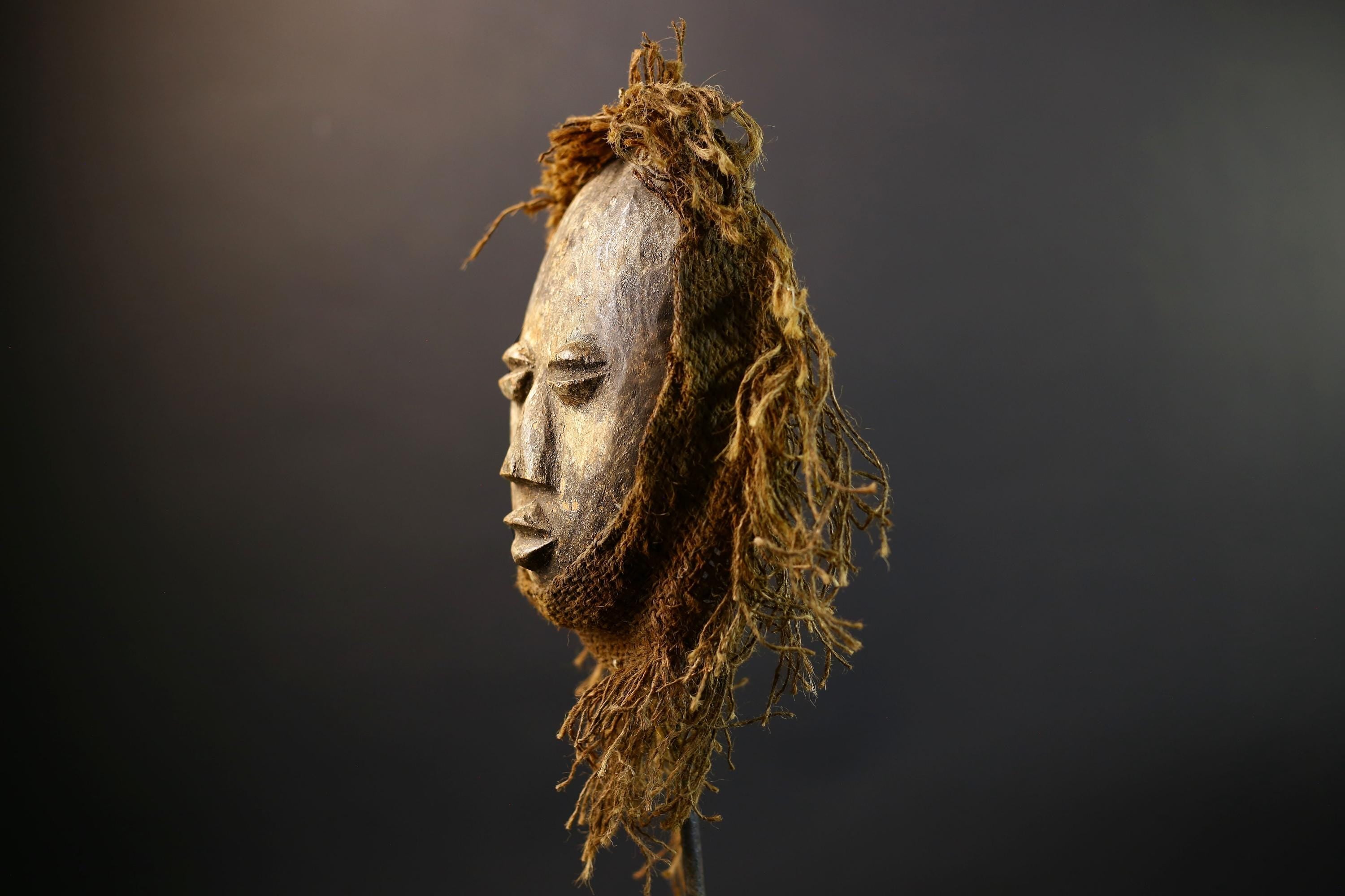 African Lega Mask | Hand-Carved Tribal Wood Art | Raffia Fiber Bwami Mask | Vintage Spiritual Mask Decor | Congo Wall Sculpture-G5253