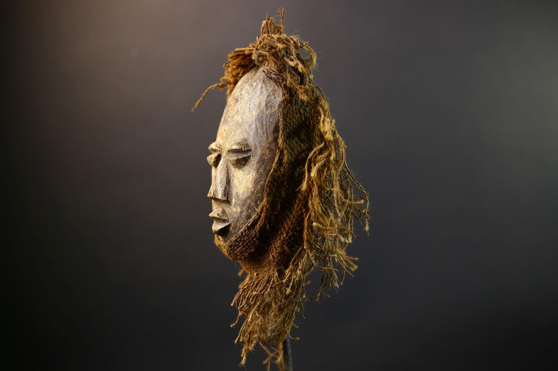 African Lega Mask | Hand-Carved Tribal Wood Art | Raffia Fiber Bwami Mask | Vintage Spiritual Mask Decor | Congo Wall Sculpture-G5253