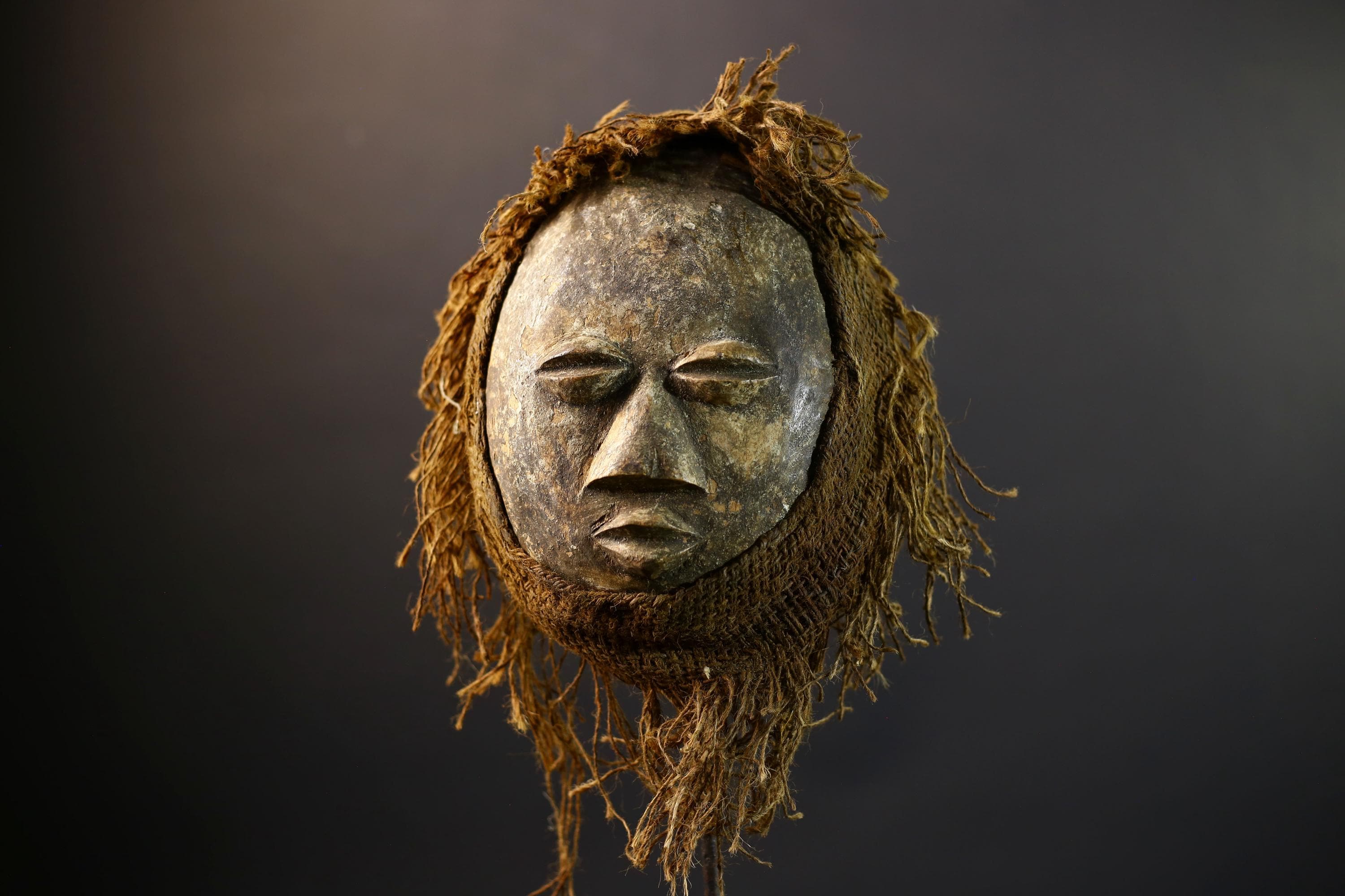 African Lega Mask | Hand-Carved Tribal Wood Art | Raffia Fiber Bwami Mask | Vintage Spiritual Mask Decor | Congo Wall Sculpture-G5253
