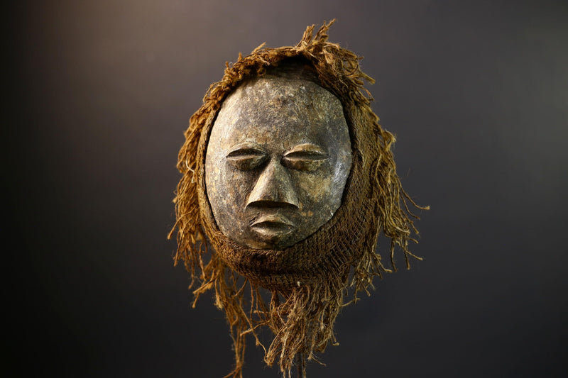 African Lega Mask | Hand-Carved Tribal Wood Art | Raffia Fiber Bwami Mask | Vintage Spiritual Mask Decor | Congo Wall Sculpture-G5253