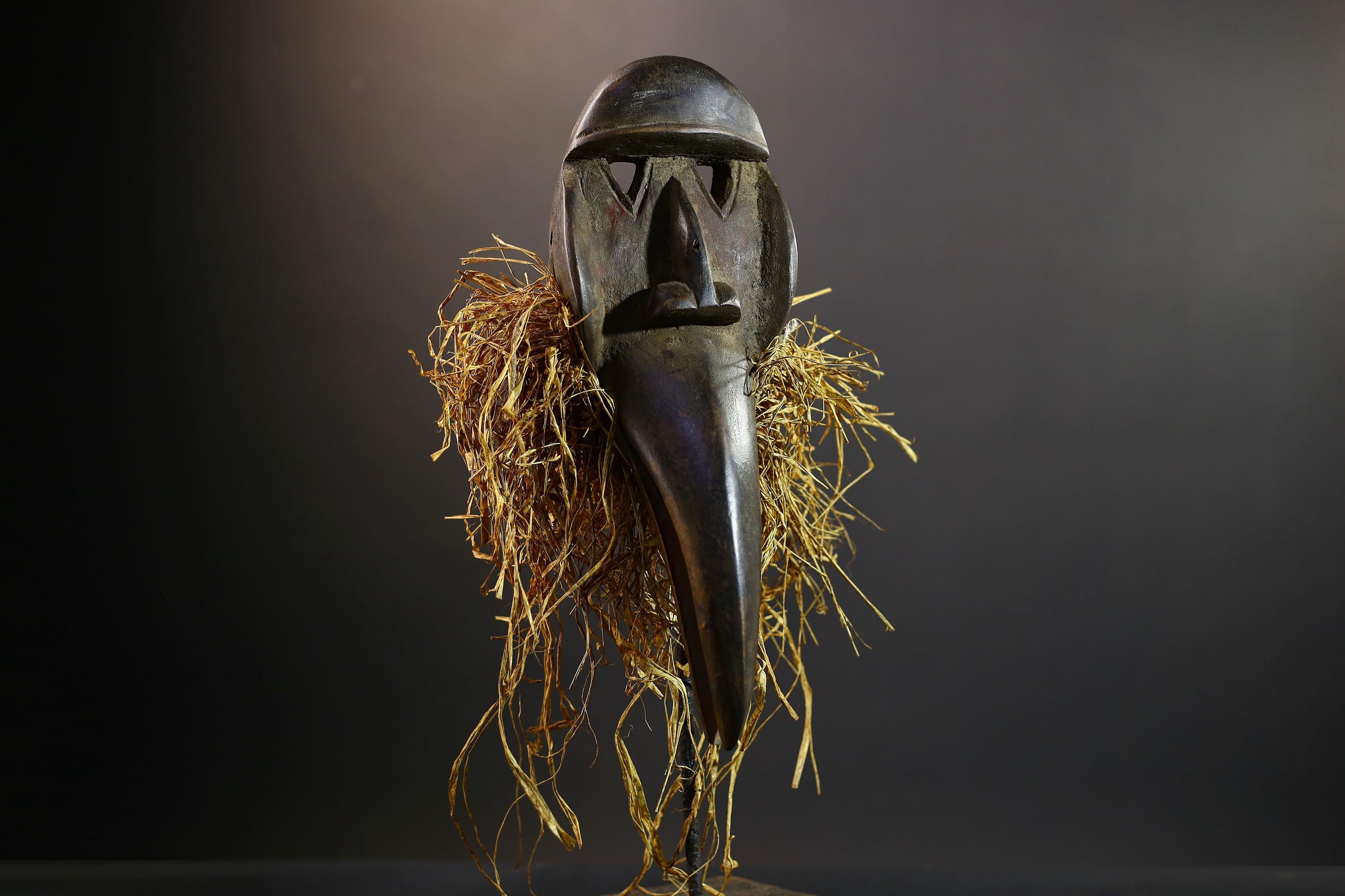 African Dan Bird Mask | Tribal Wood Spirit Mask | Long Beak Hand-Carved Decor | Raffia Wall Sculpture | Vintage African Ritual Art-G5251