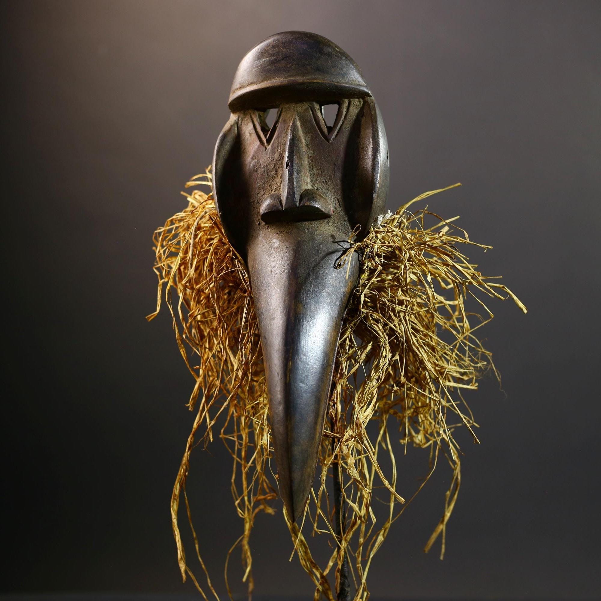 African Dan Bird Mask | Tribal Wood Spirit Mask | Long Beak Hand-Carved Decor | Raffia Wall Sculpture | Vintage African Ritual Art-G5251