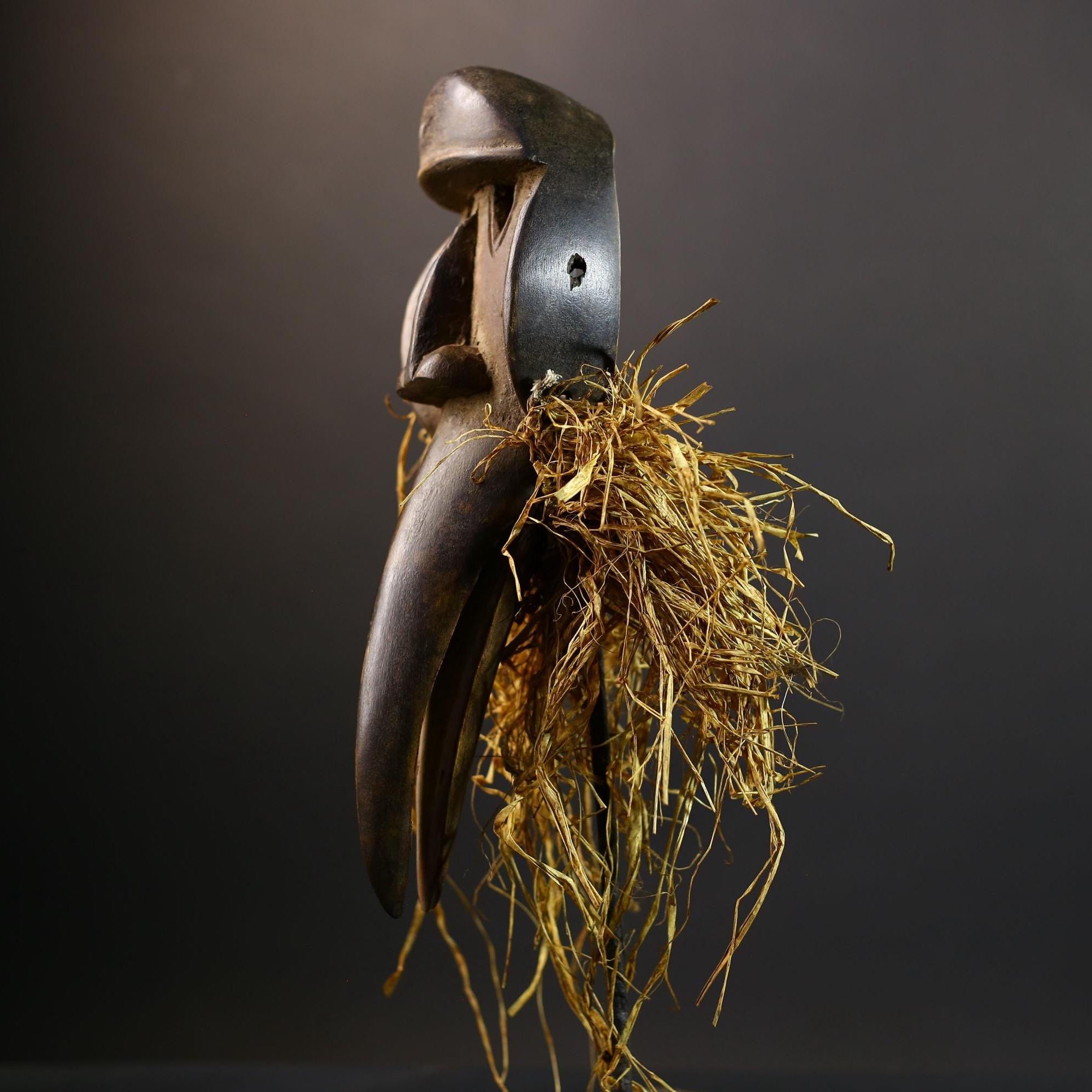 African Dan Bird Mask | Tribal Wood Spirit Mask | Long Beak Hand-Carved Decor | Raffia Wall Sculpture | Vintage African Ritual Art-G5251