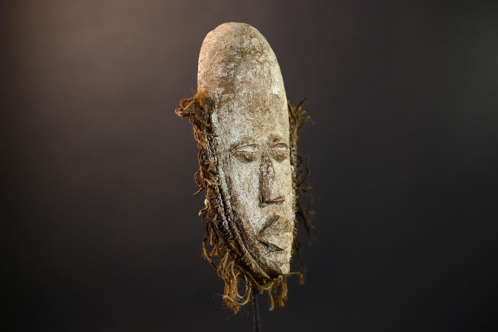 African Dan Mask | White Kaolin Wood Mask | Hand-Carved Tribal Wall Art | Spirit Face Sculpture | Traditional Raffia African Decor-G5249