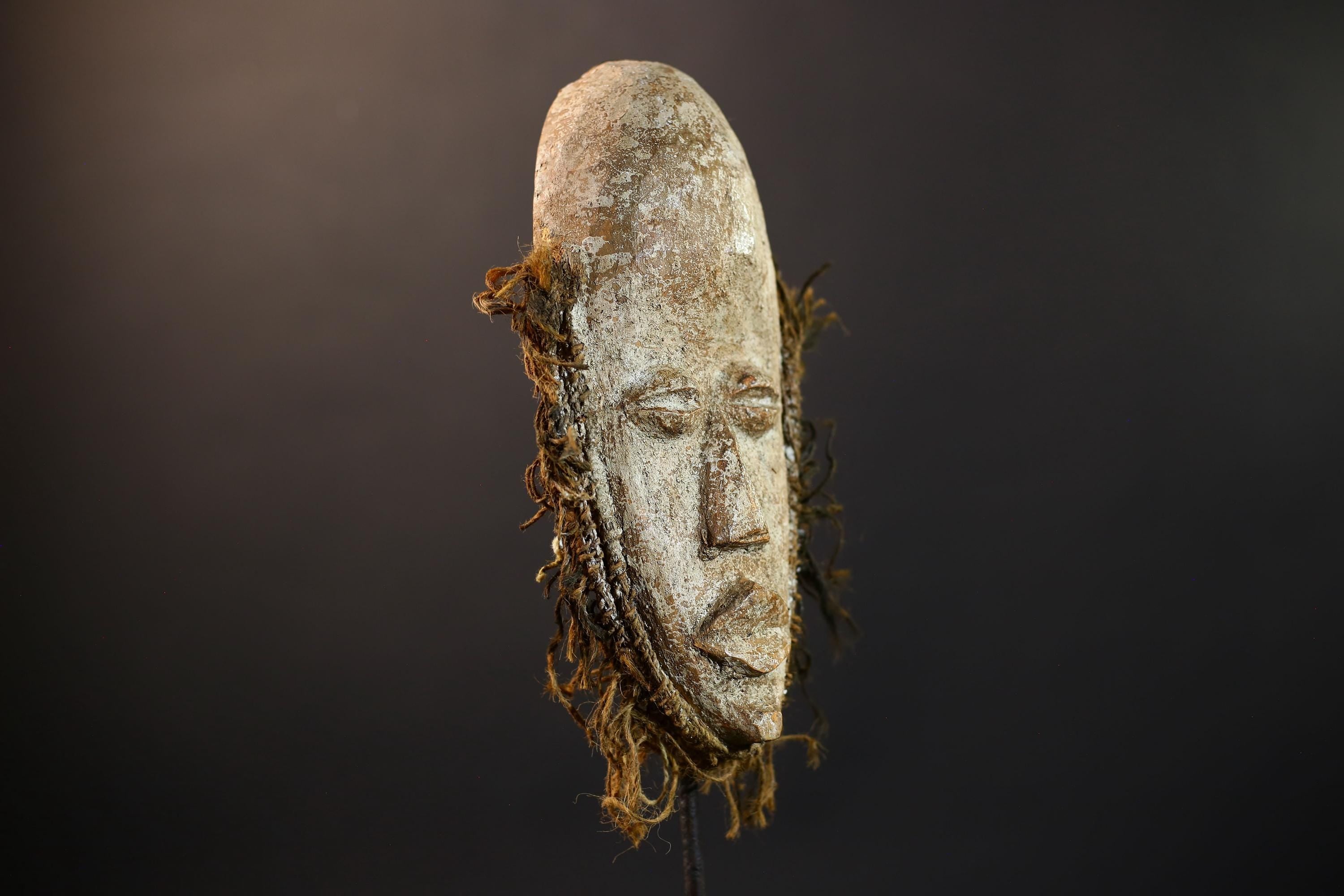 African Dan Mask | White Kaolin Wood Mask | Hand-Carved Tribal Wall Art | Spirit Face Sculpture | Traditional Raffia African Decor-G5249